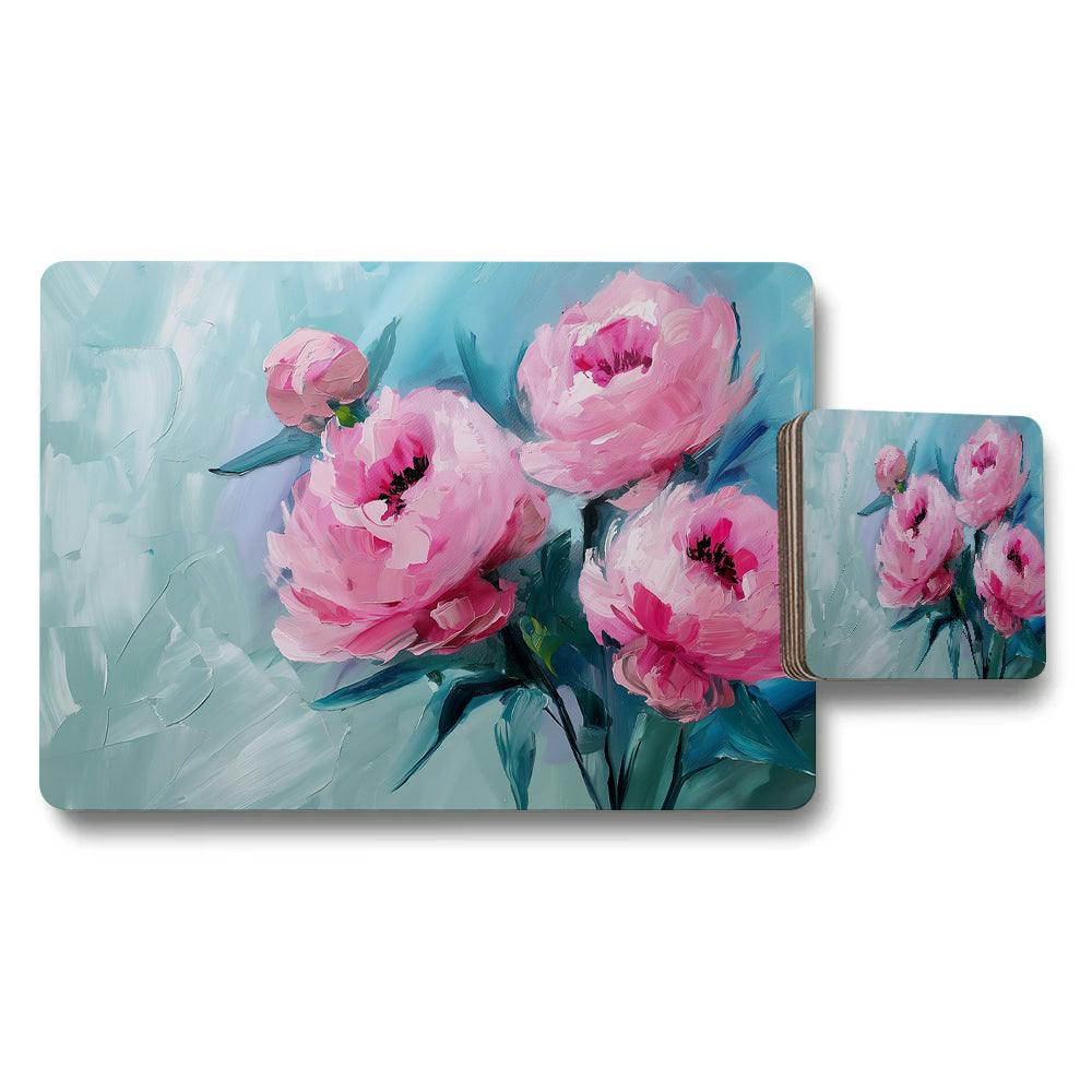 Benjamin Tate Design Pink Peony Placemat And Coaster Set Floral Kitchen Decor