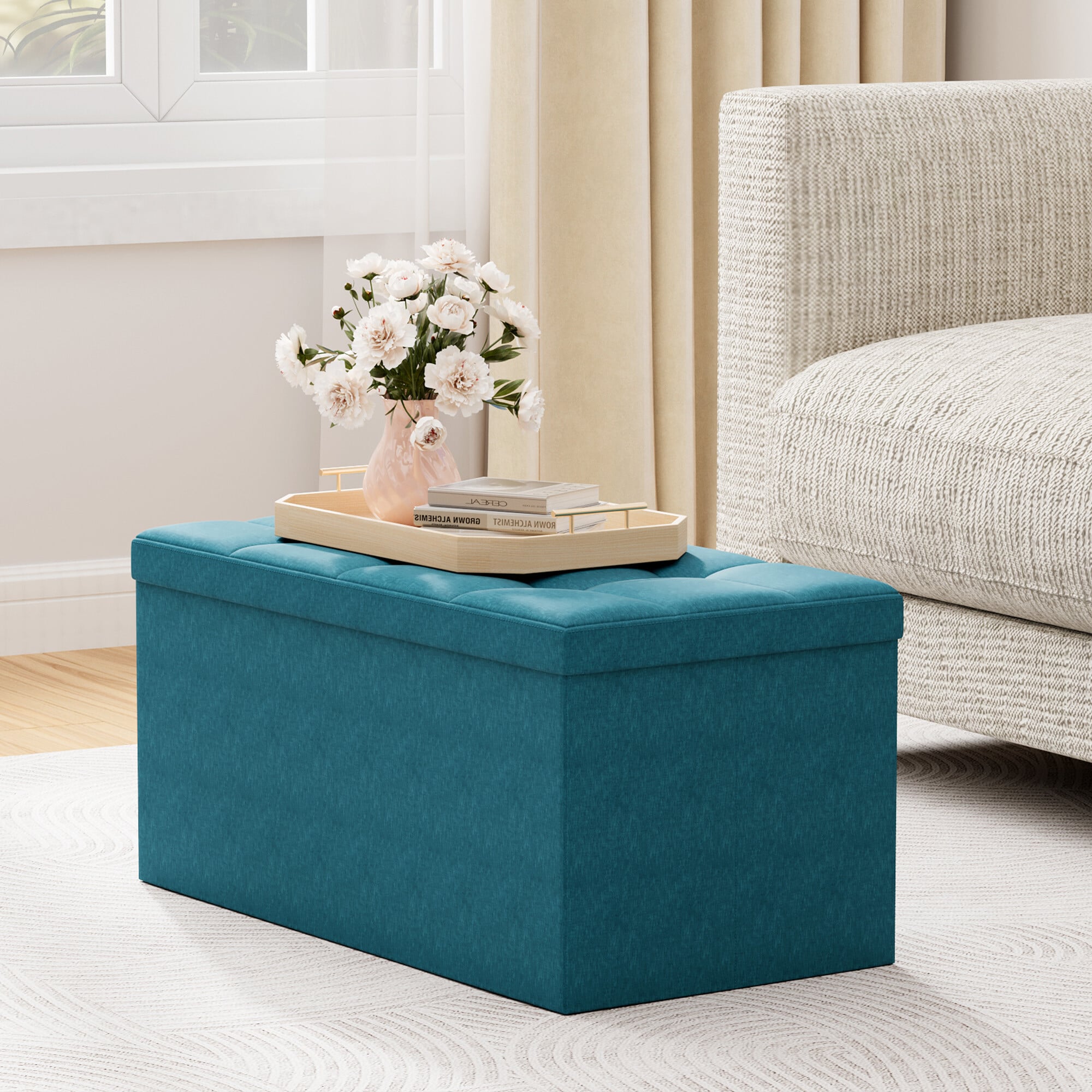 Mcc Direct Unisex Teal 76Cm Rectangular Ottoman Foldable Storage Bench Upholstered Foot Rest In - Image 3