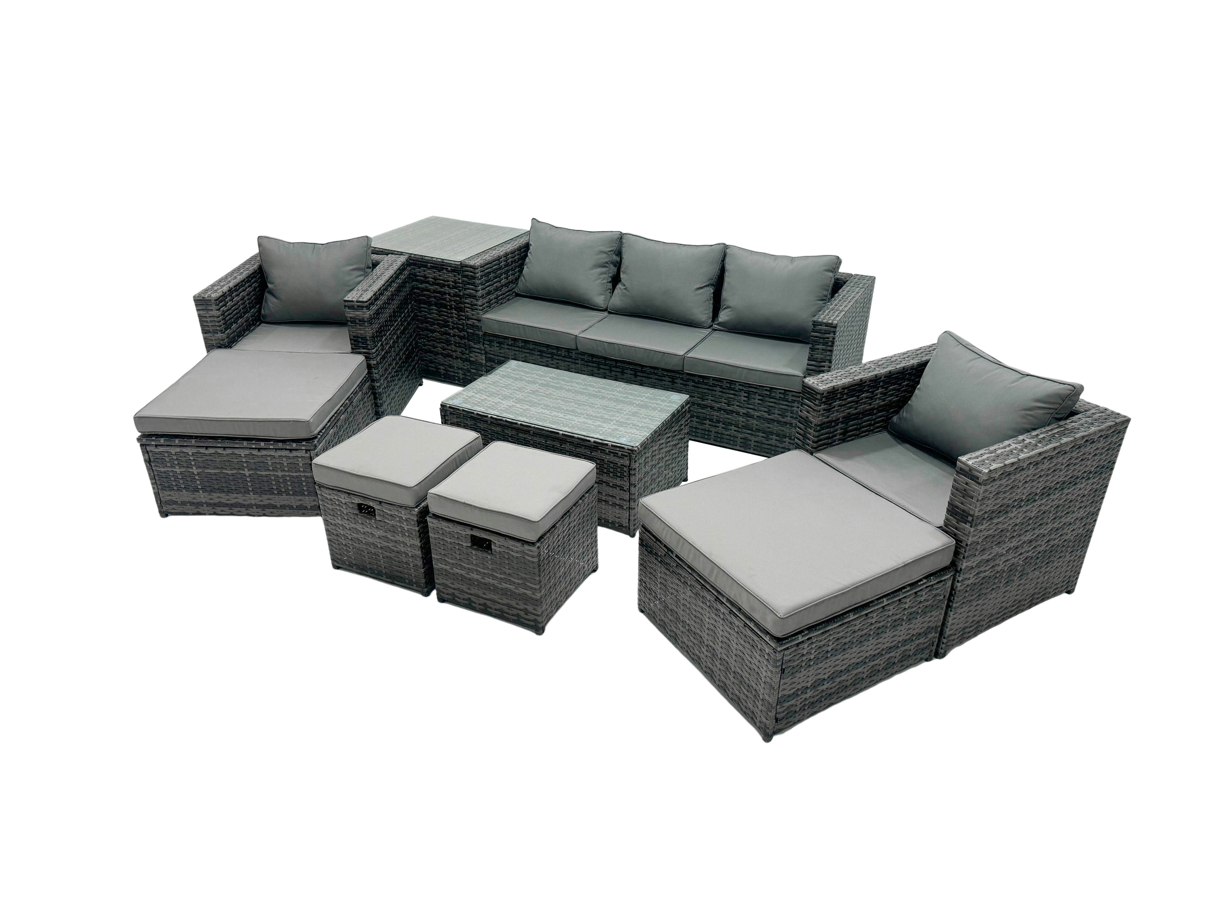 Rackhams Dark/Grey Outdoor Coffee Table Sofa Armchair Set With Side Table 2 Big Stools 2 Small Footstools Garden Furniture Set Mixed