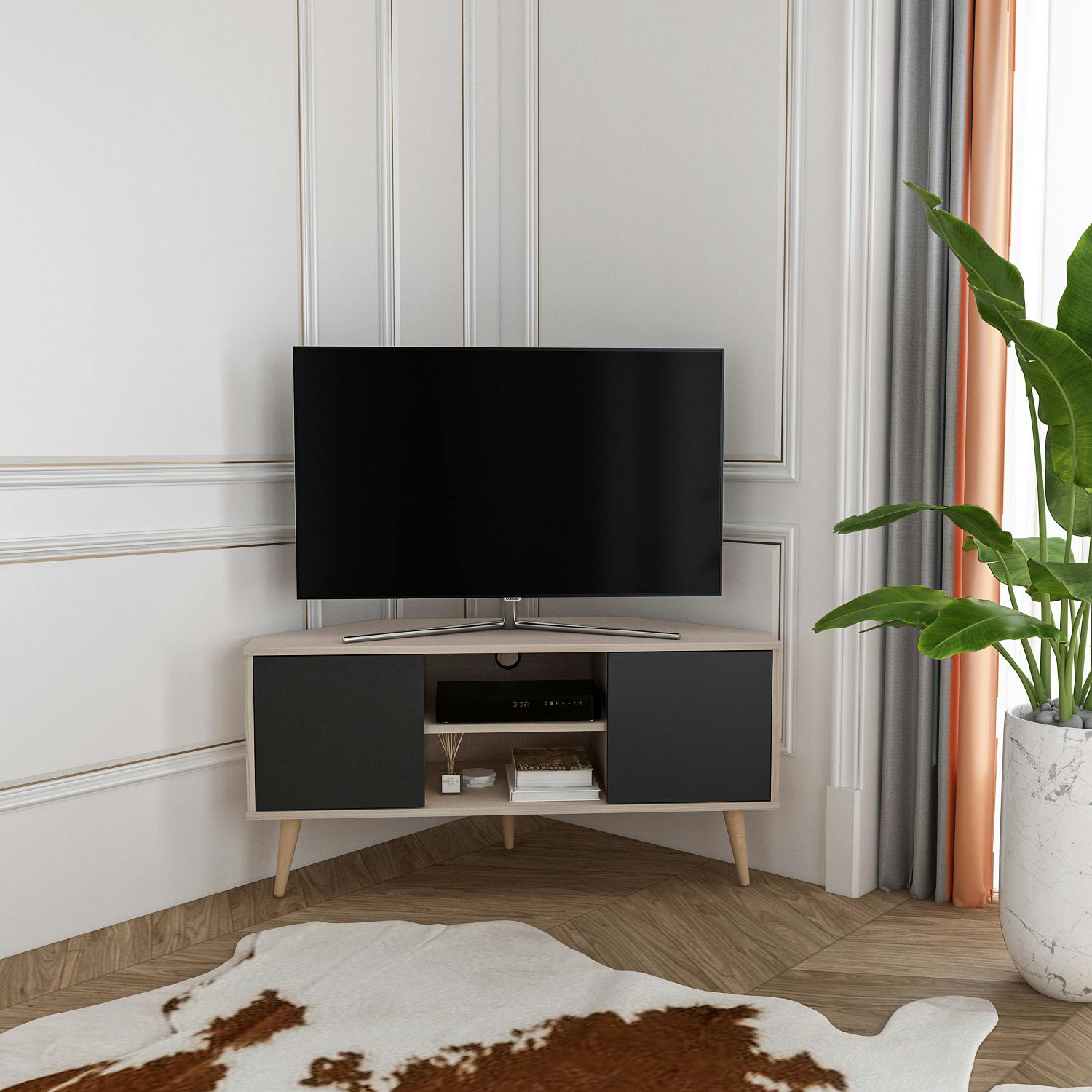 Decorotika Black Lesson Corner Tv Stand Tv Unit Tv Cabinet For Tvs Up To 55" - Cottonbeige