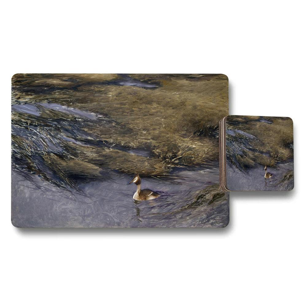 Benjamin Tate Design Blue/Grey/Brown Duck In River Scene Placemat And Coaster Set For Dining Table