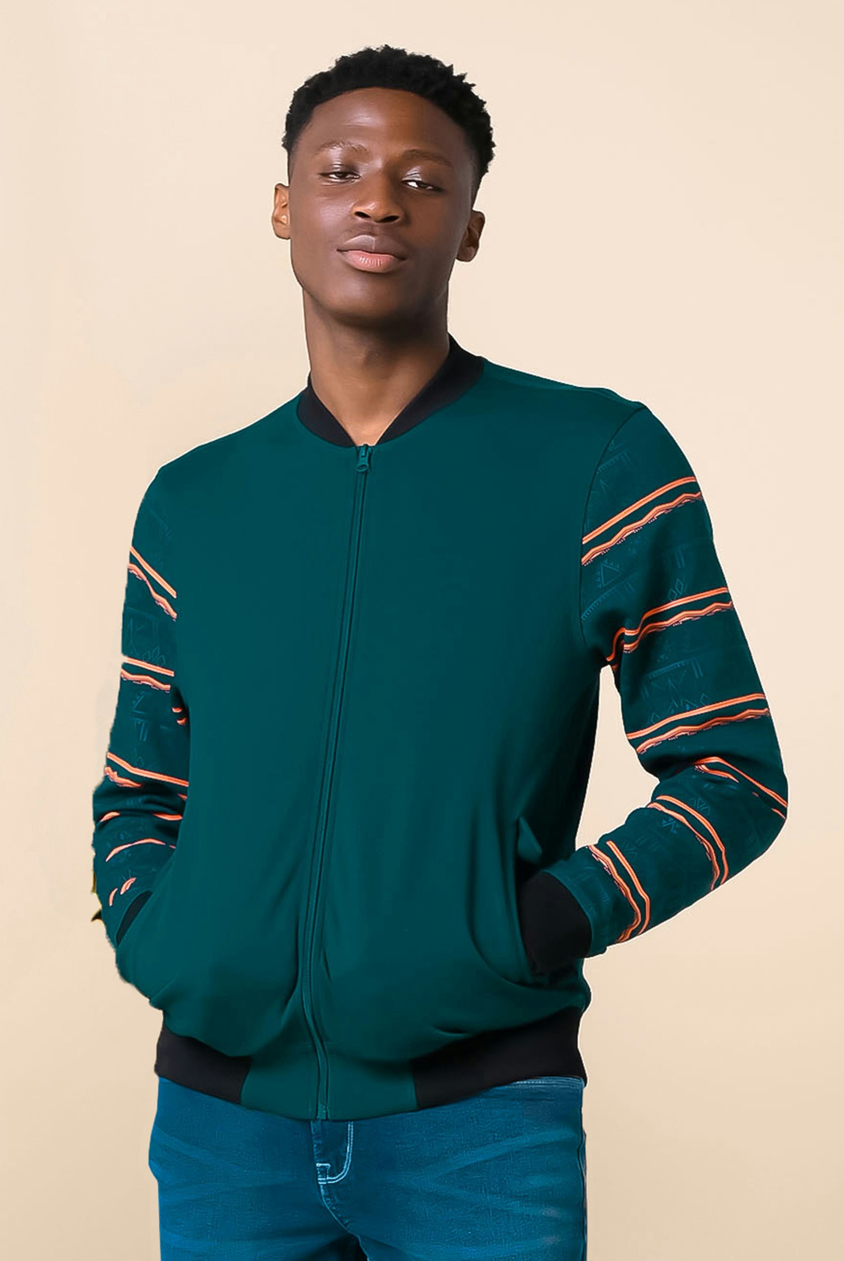 Enorsia Men's Zip Through Bomber Jacket - L - Teal - 100% Cotton
