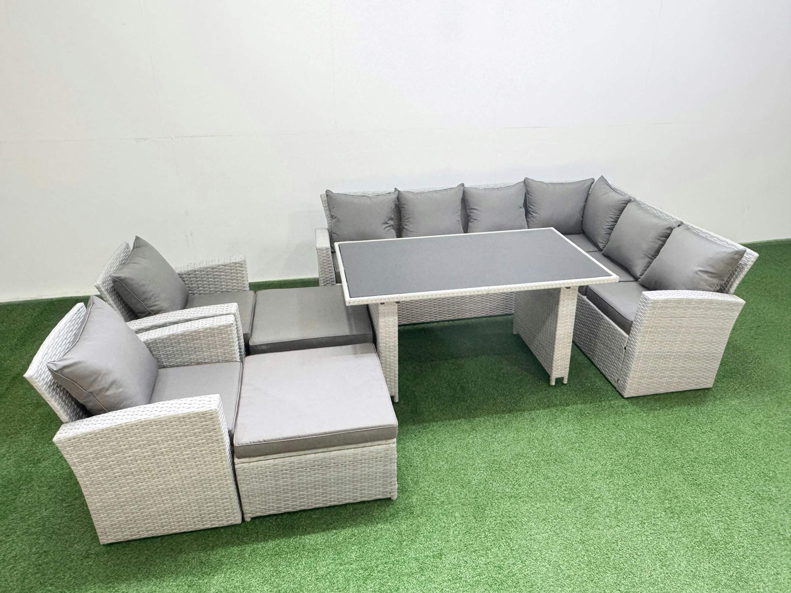 Fimous Light/Grey Outdoor Garden Furniture Sets 10 Seater Wicker Rattan Corner Sofa Sets With Rectangular Dining Table Lounge Sofa 2 Big Footstools