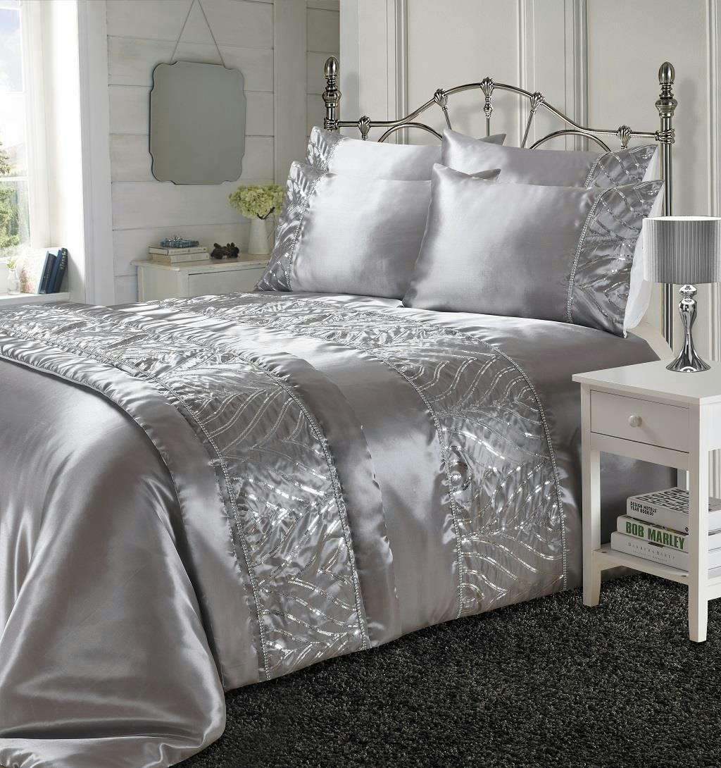 Homespace Direct Grey Shimmer Duvet Cover Set Sequin Embellished Bedding - King - Duvet Cover Set