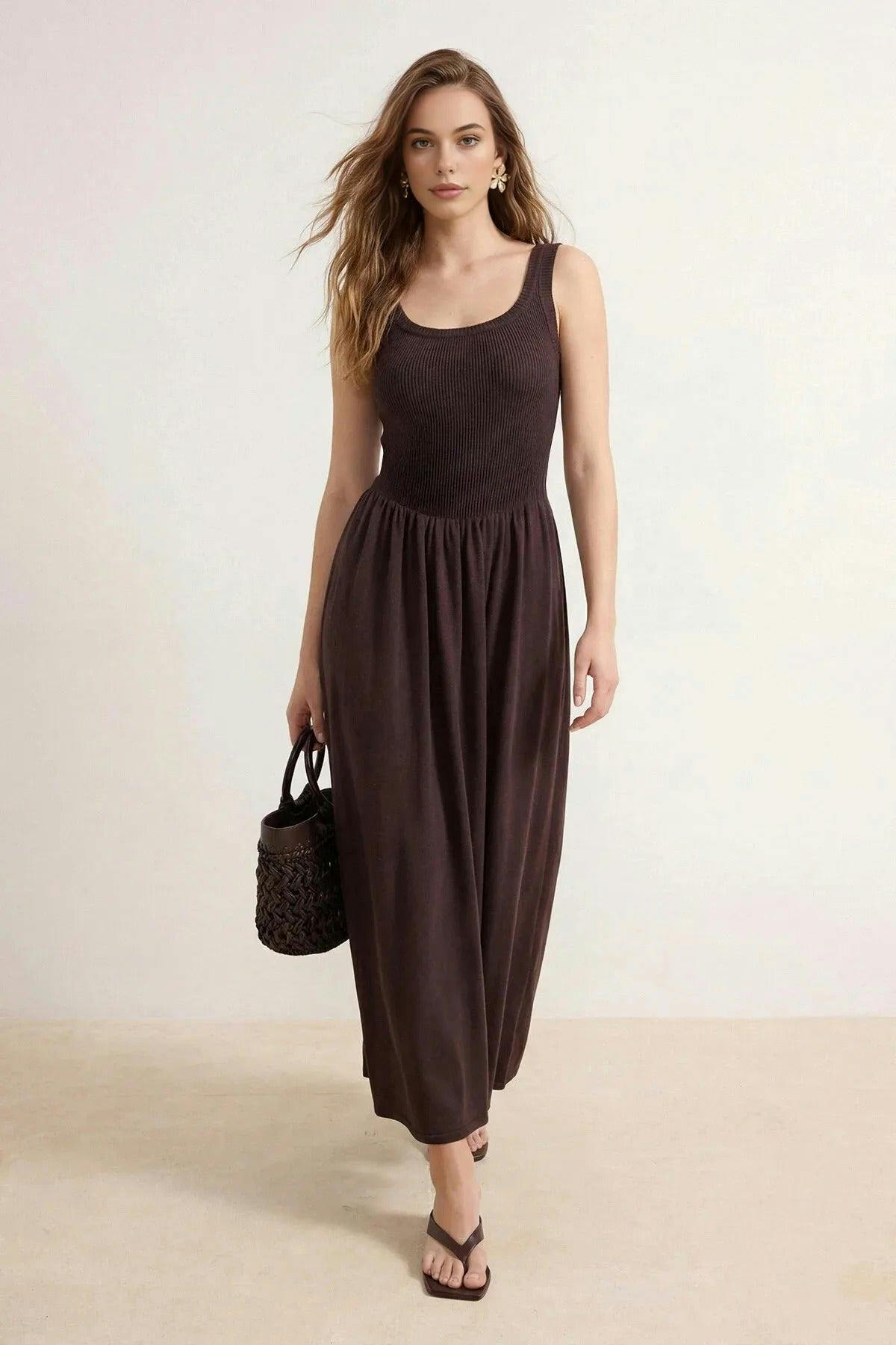 Wovcor Brown Midi Crew Neck Strappy Knit Dress - L