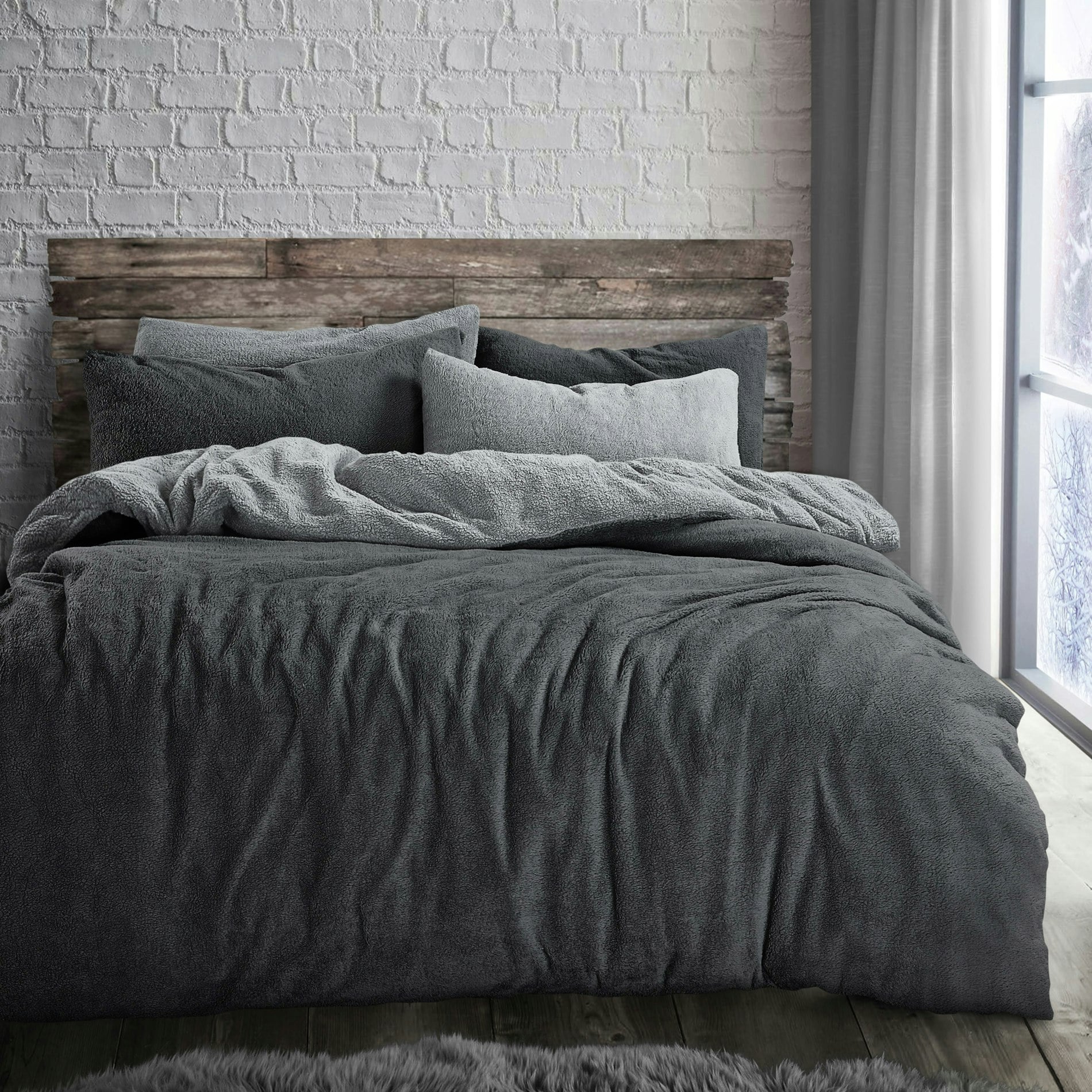 Velosso Teddy Two Tone Fluffy And Warm Fleece Duvet Cover Set - Charcoal - Double
