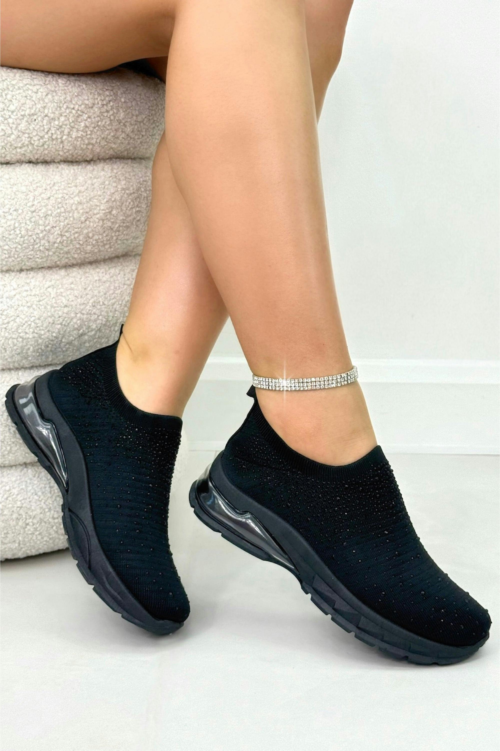 Love Lemonade Black Crystal Luminate Stretch Sock Slip On Trainers - Uk 3