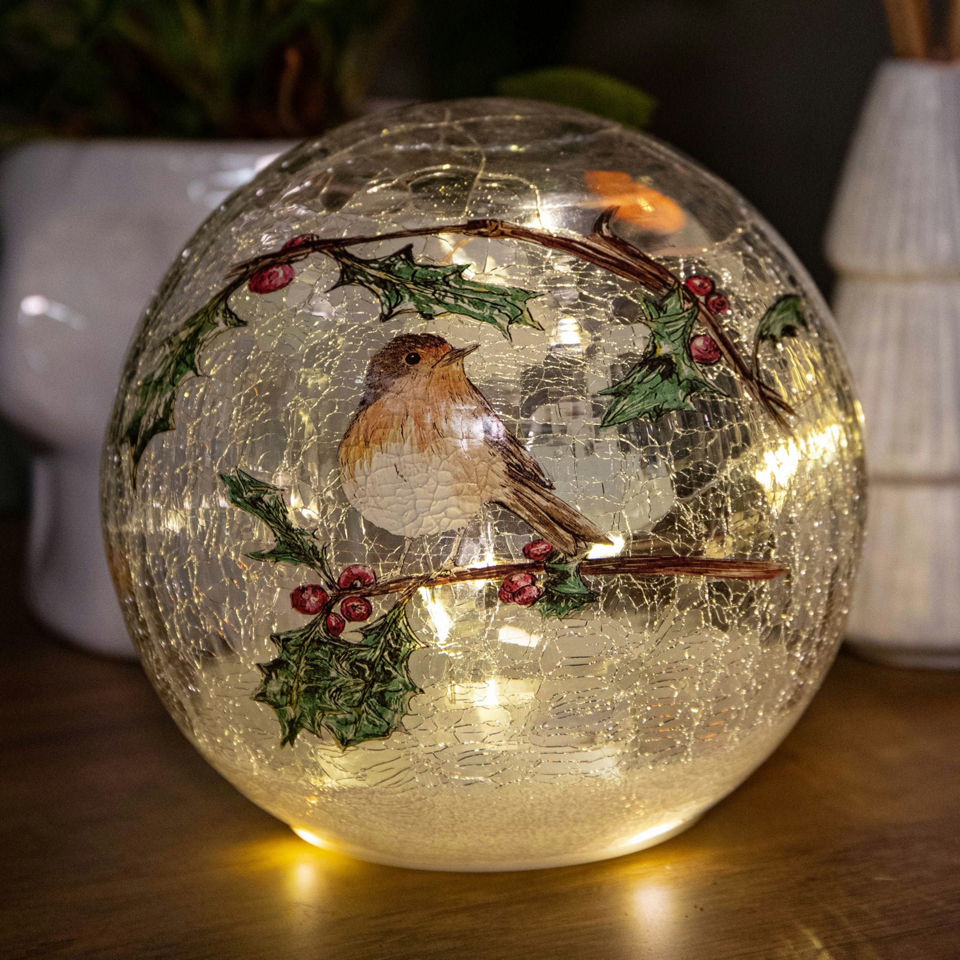 Rackhams Light/White 15Cm Battery Operated Up Robin Crackle Glass Ball With 12 Warm Leds