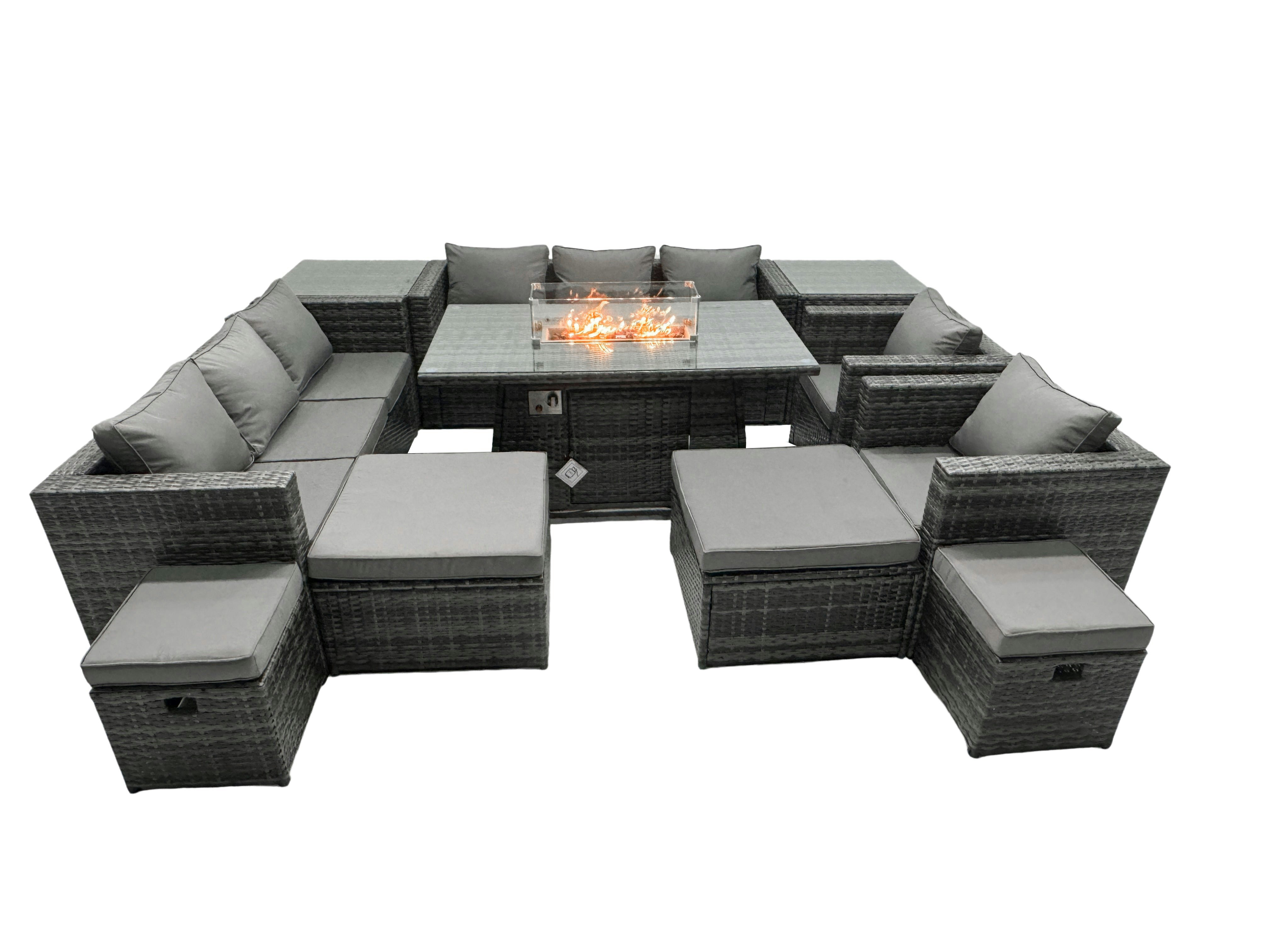 Rackhams 12 Seater Rattan Fire Pit Patio Furniture Set with Dining Table, Sofa, Lounge Chairs & Footstools - Dark Grey