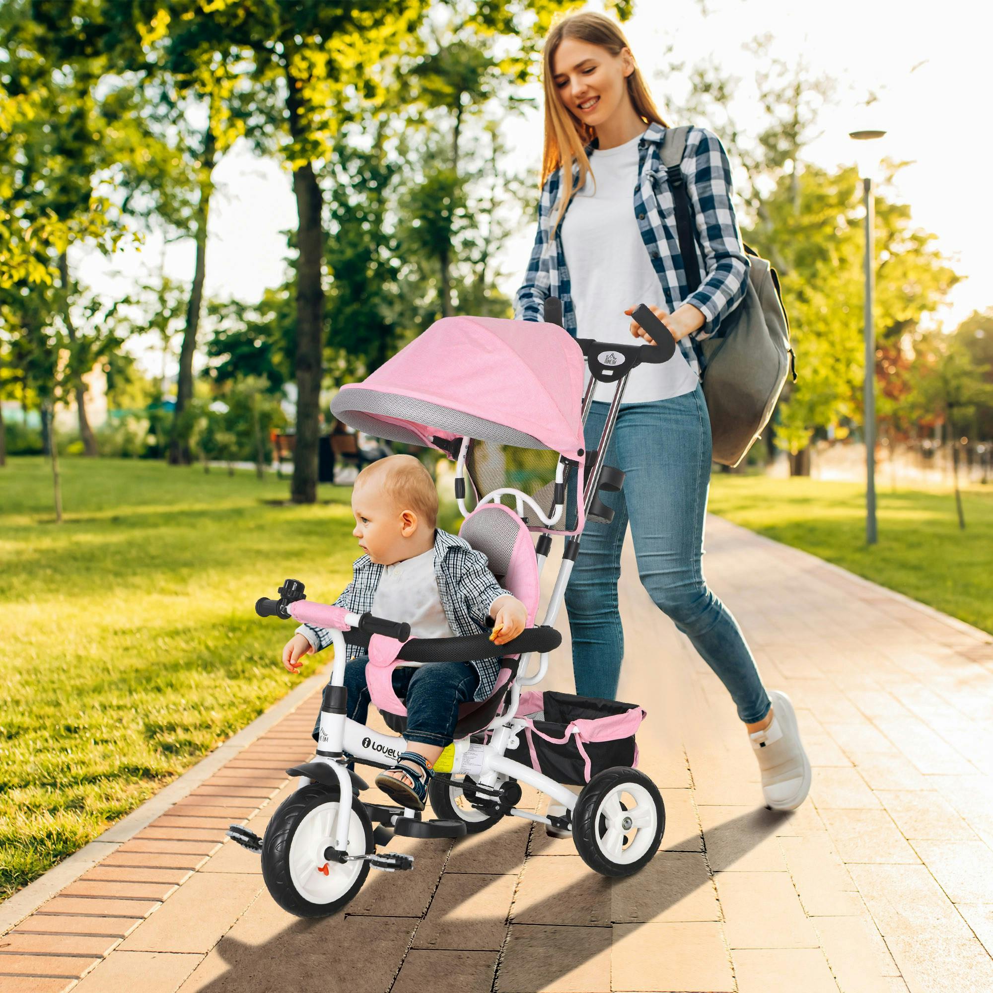 Homcom Pink 6 In 1 Kids Trike, Stroller With Parent Handle