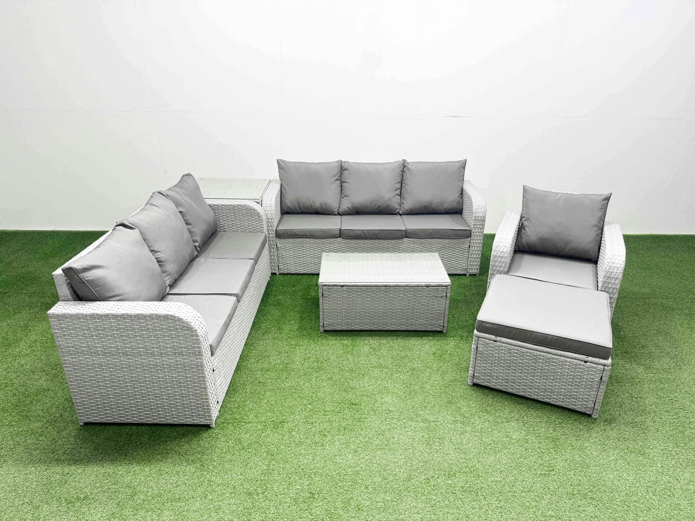 Fimous Light/Grey 8 Seater Poly Rattan Outdoor Garden Furniture Sofa Set Patio 3 Seater Sofa Reclining Chair 3 Seater Sofa Big Footstool Side Table