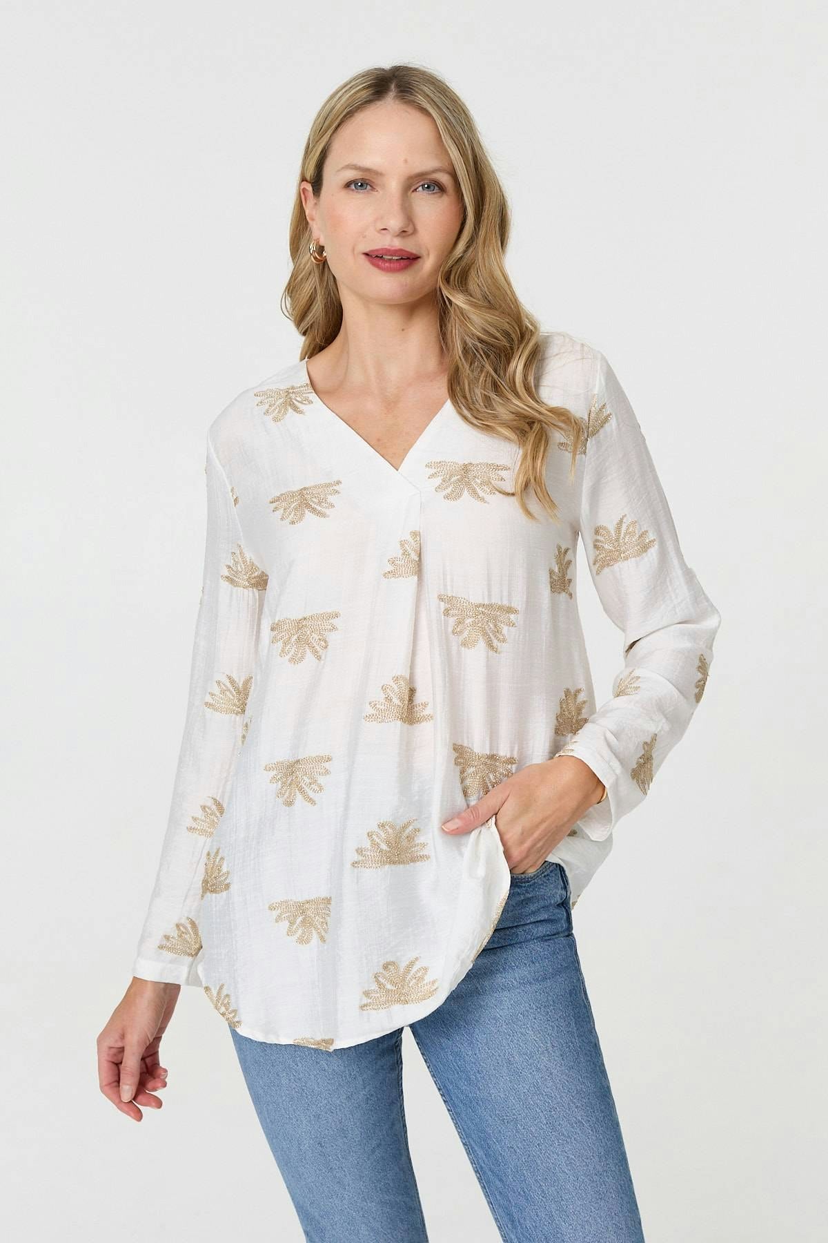 Izabel London Women's White Embroidered Pleat 3/4 Sleeve Blouse - 14