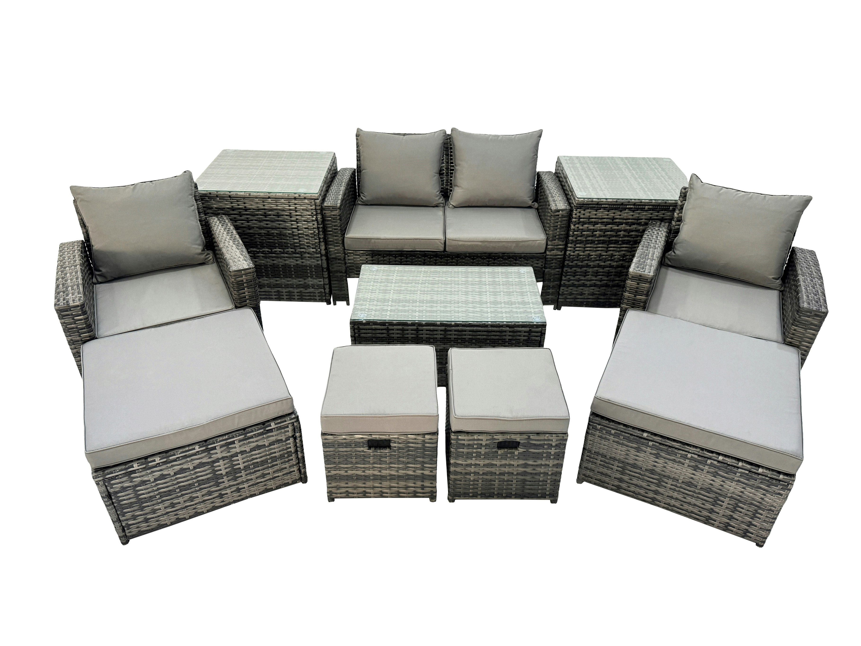 Rackhams Dark/Grey 8 Seater Rattan Furniture Set With Coffee Table, Sofa, 4 Stools, 2 Chairs & 2 Side Tables