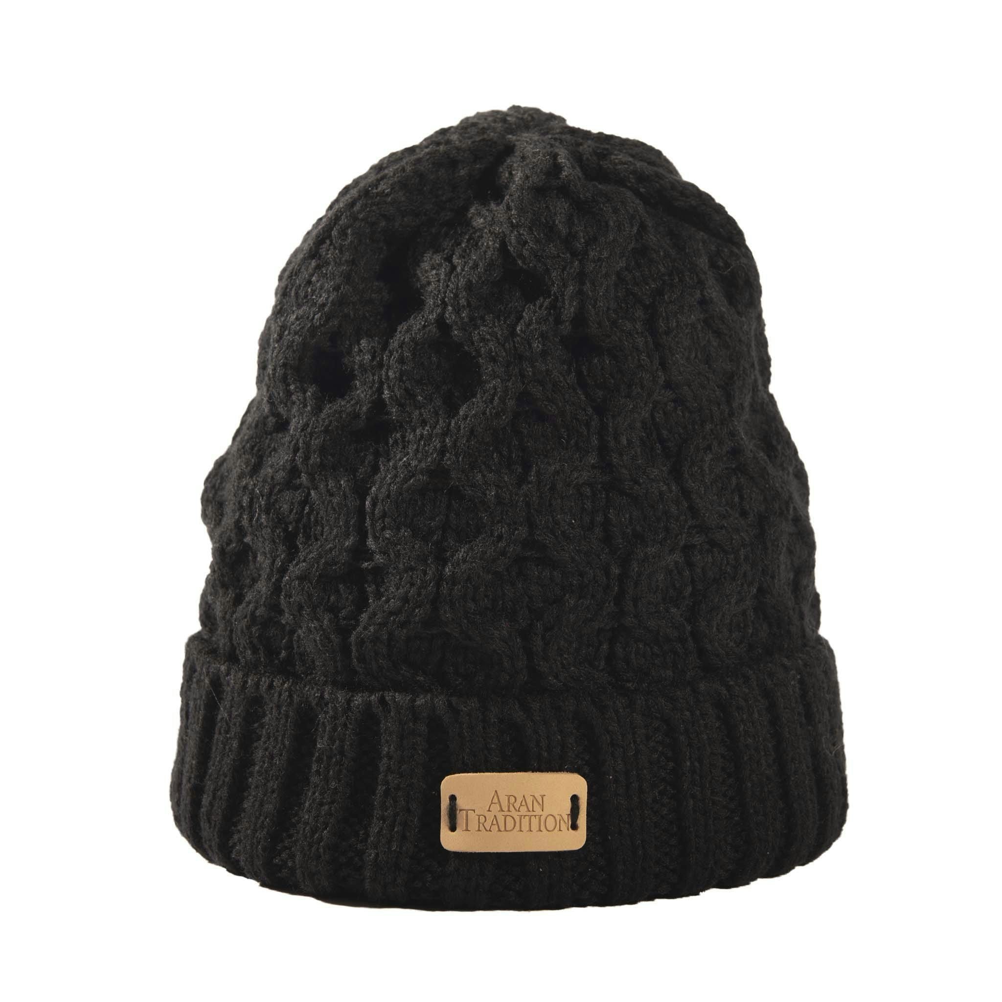 Aran Traditions Black Aran Cable Knit Beanie Hat