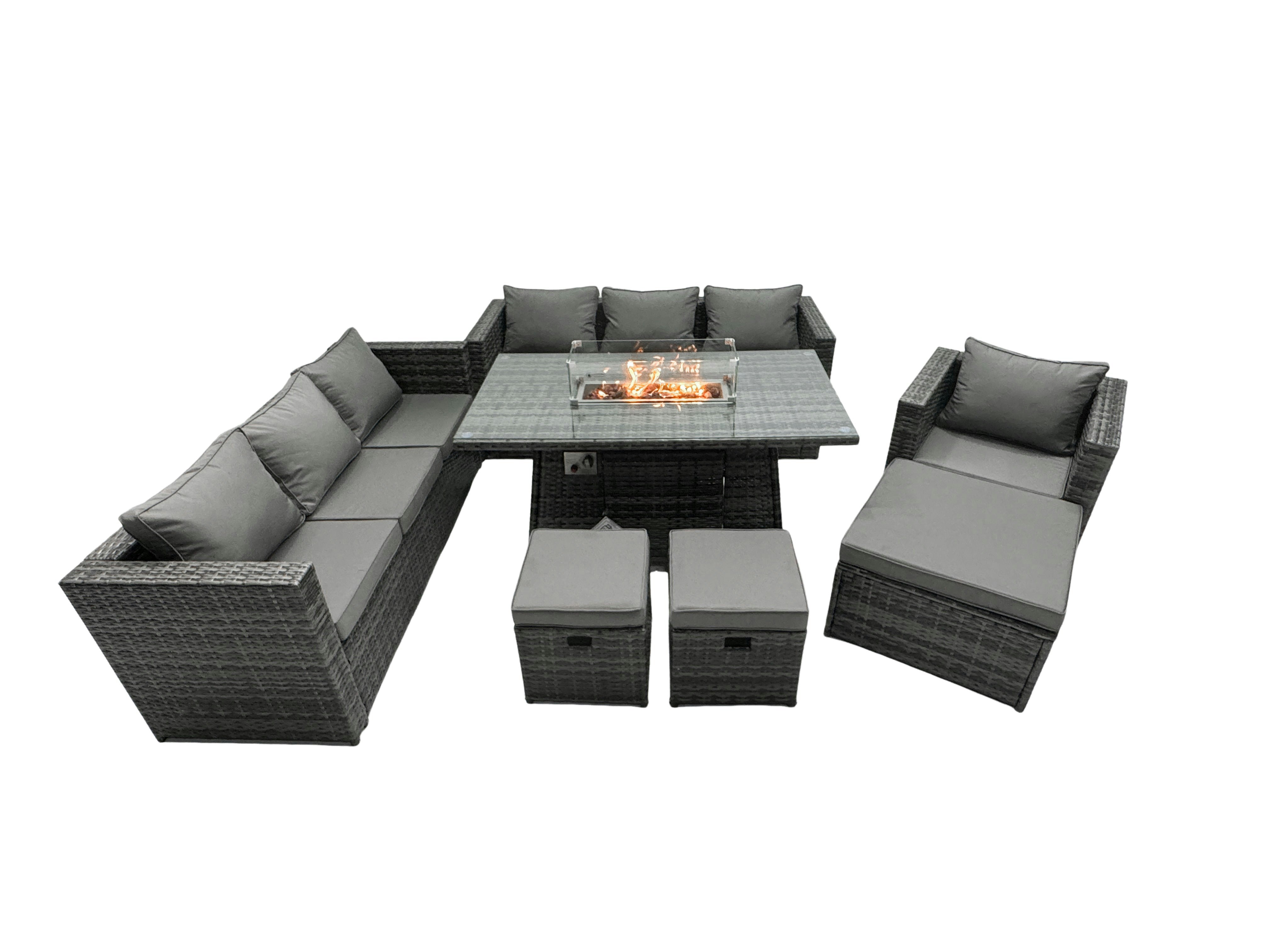 Rackhams Dark/Grey Rattan Garden Furniture Fire Pit Dining Set 7 Seater Lounge Sofa Table Set With 3 Footstool