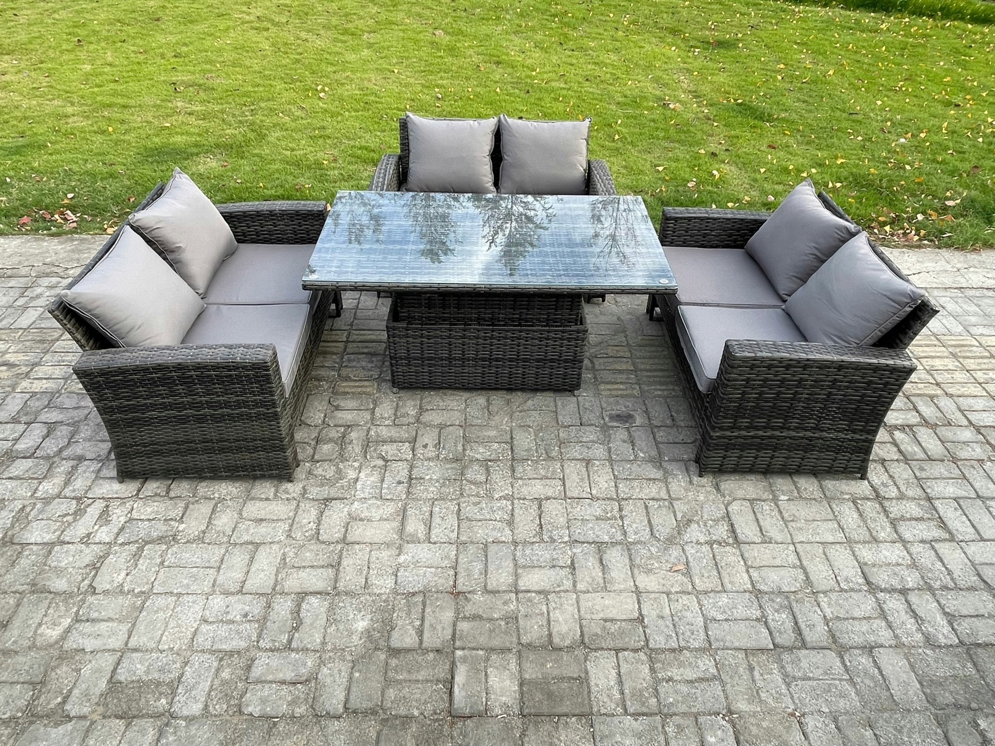 Rackhams Dark/Grey 6 Seater Rattan Wicker Garden Furniture Patio Conservatory Sofa Set With Height Adjustable Rising Lifting Table Double Seat Sofa