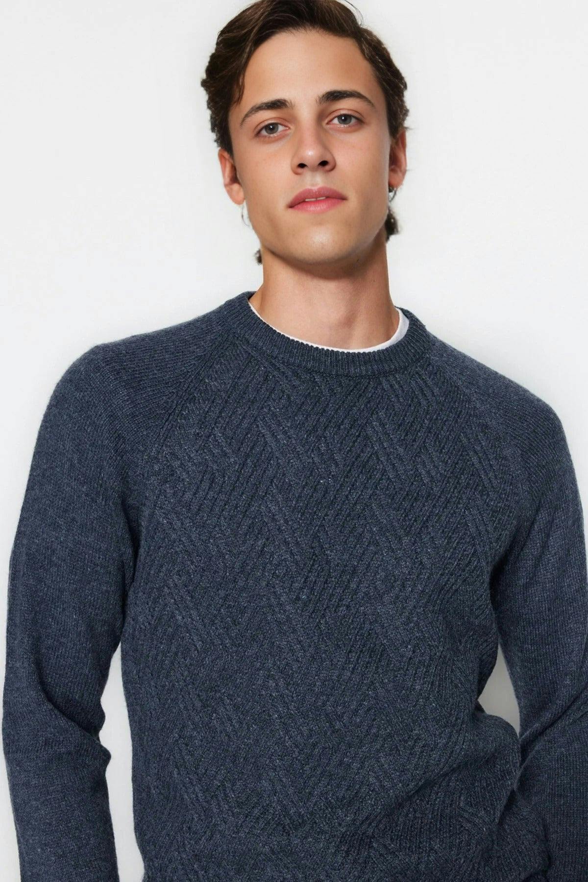 Wovcor Men's Indigo Crew Neck Raglan Sleeve Textured Knit Sweater - Xl