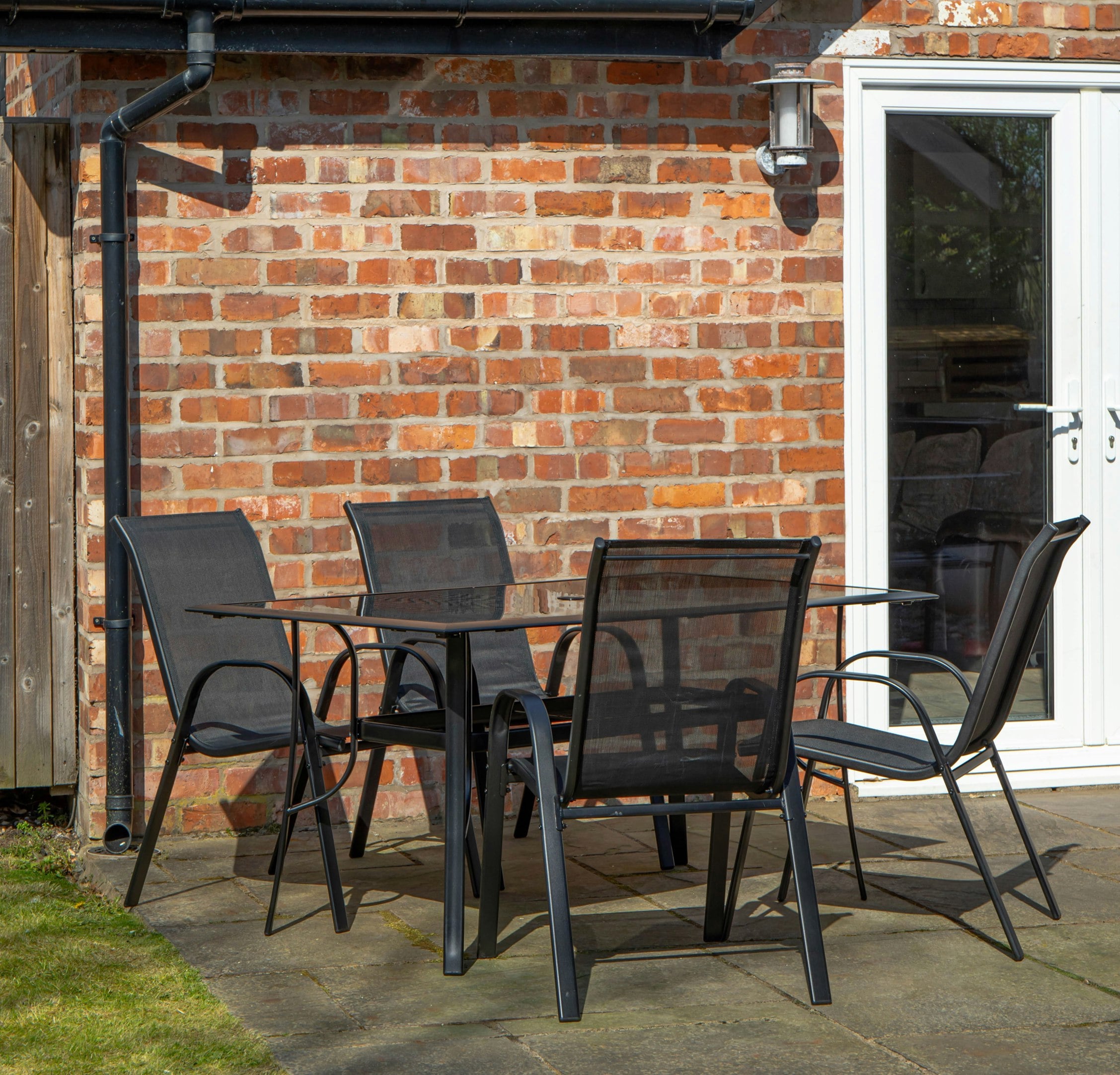 Rackhams Black Outdoor 4 Person Rectangular Glass Top Garden Dining Table Chairs Set - Outdoor Furniture Sets