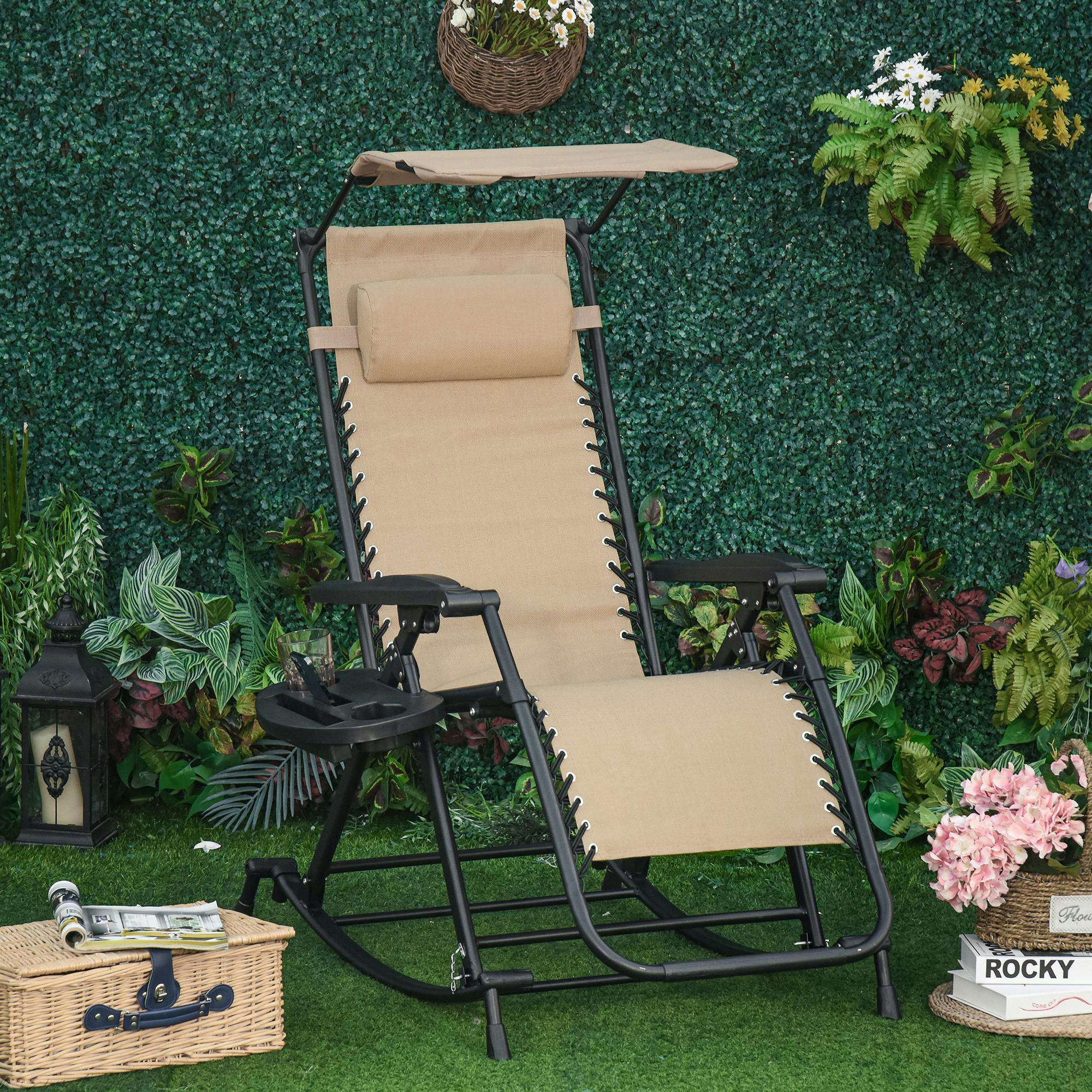 Outsunny Folding Recliner Chair Lounge Rocker Zero-Gravity Beige - Image 4