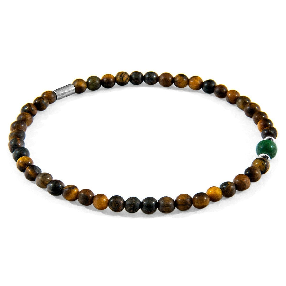 Anchor & Crew Brown/Green/Silver Tigers Eye And Jade Walter And Stone Skinny Bracelet - S - 19Cm
