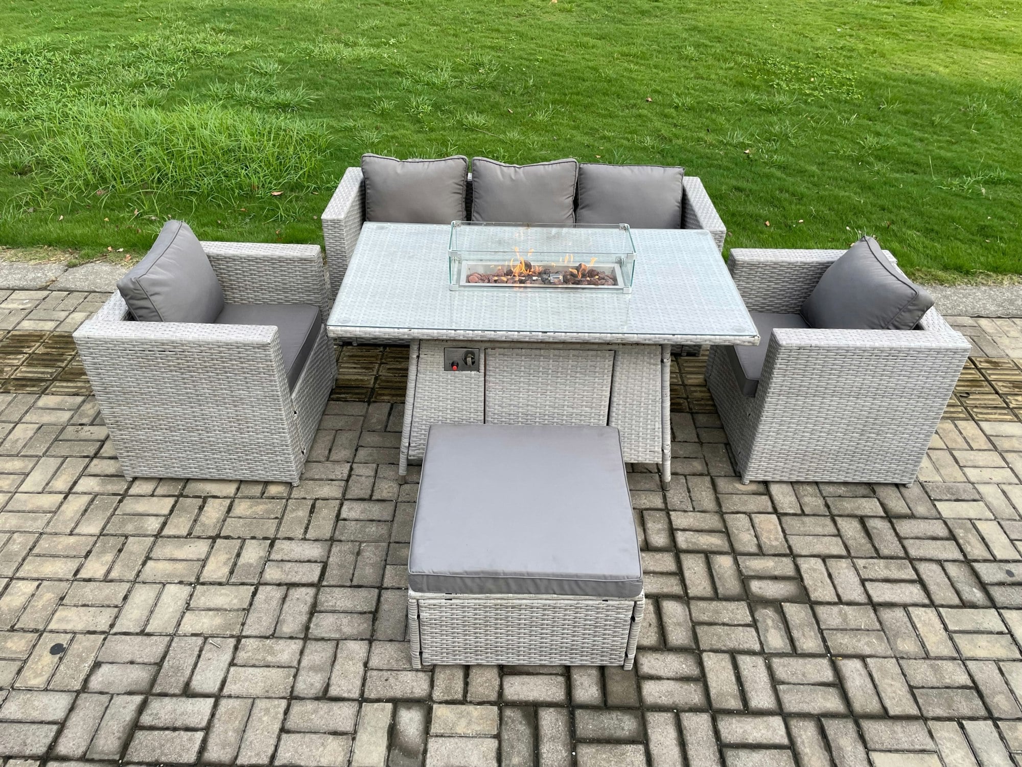 Rackhams Light/Grey Outdoor Pe Rattan Garden Furniture Gas Fire Pit Dining Table Armchairs With Big Footstool