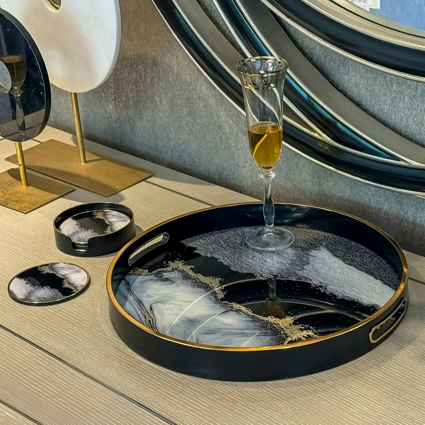 Rackhams Black Round Abstract Drinks & Candle Tray