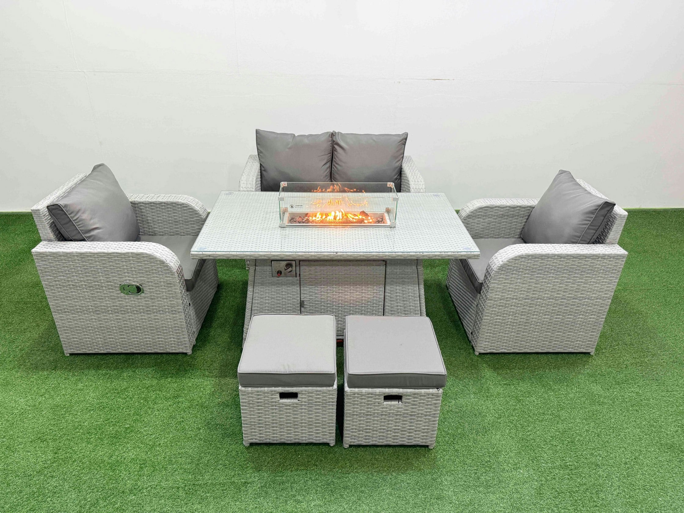 Fimous Light/Grey Pe Wicker Rattan Garden Furniture Set Sofa Set Reclining Chair Fire Pit Dining Table 6 Seater 2 Small Stools