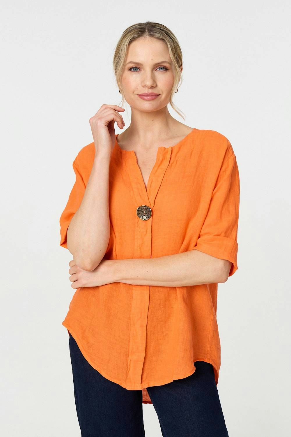 Izabel London Orange Button Detail 1/2 Sleeve V-Neck Blouse - 16