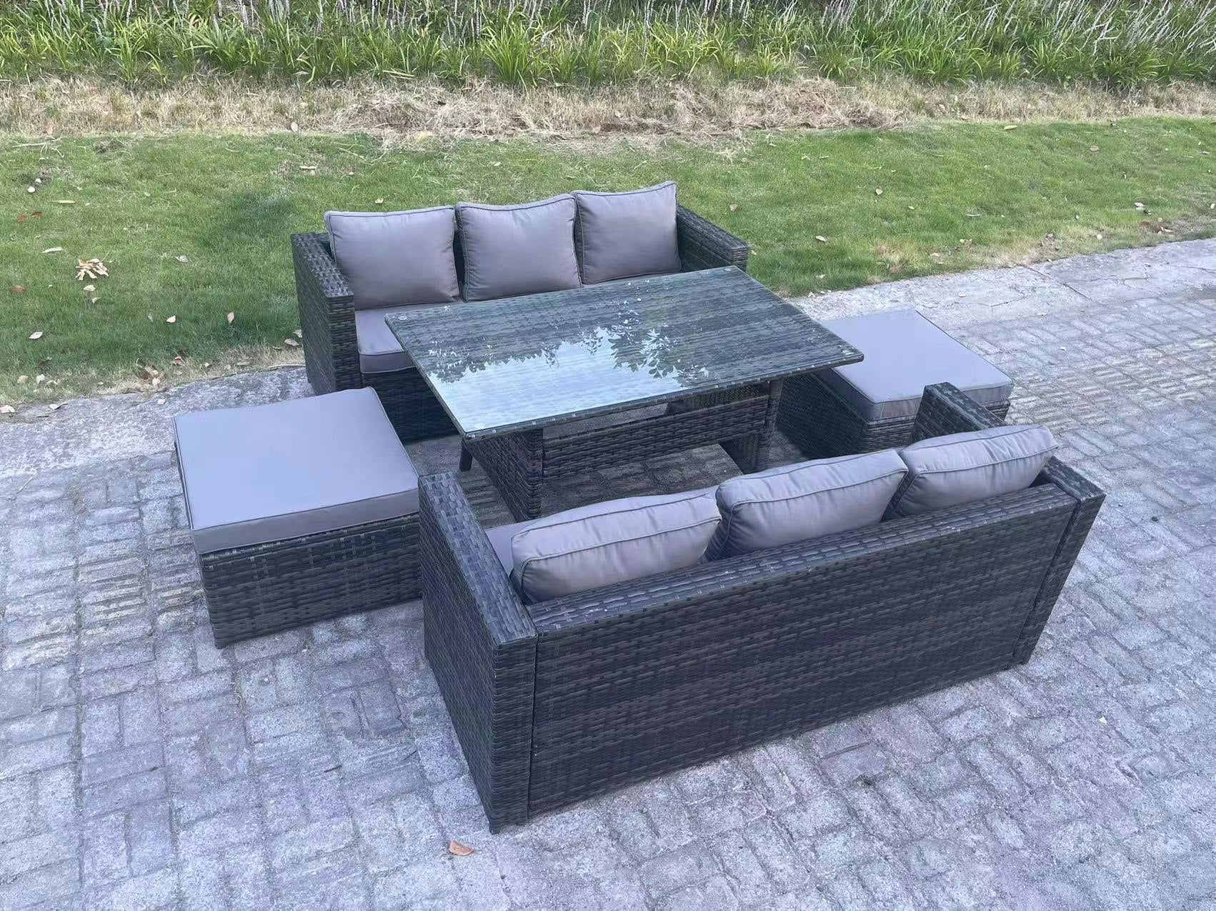 Fimous Dark/Grey 8 Seater Outdoor Lounge Sofa Garden Furniture Set Patio Rattan Rectangular Dining Table With 2 Big Footstool Mixed
