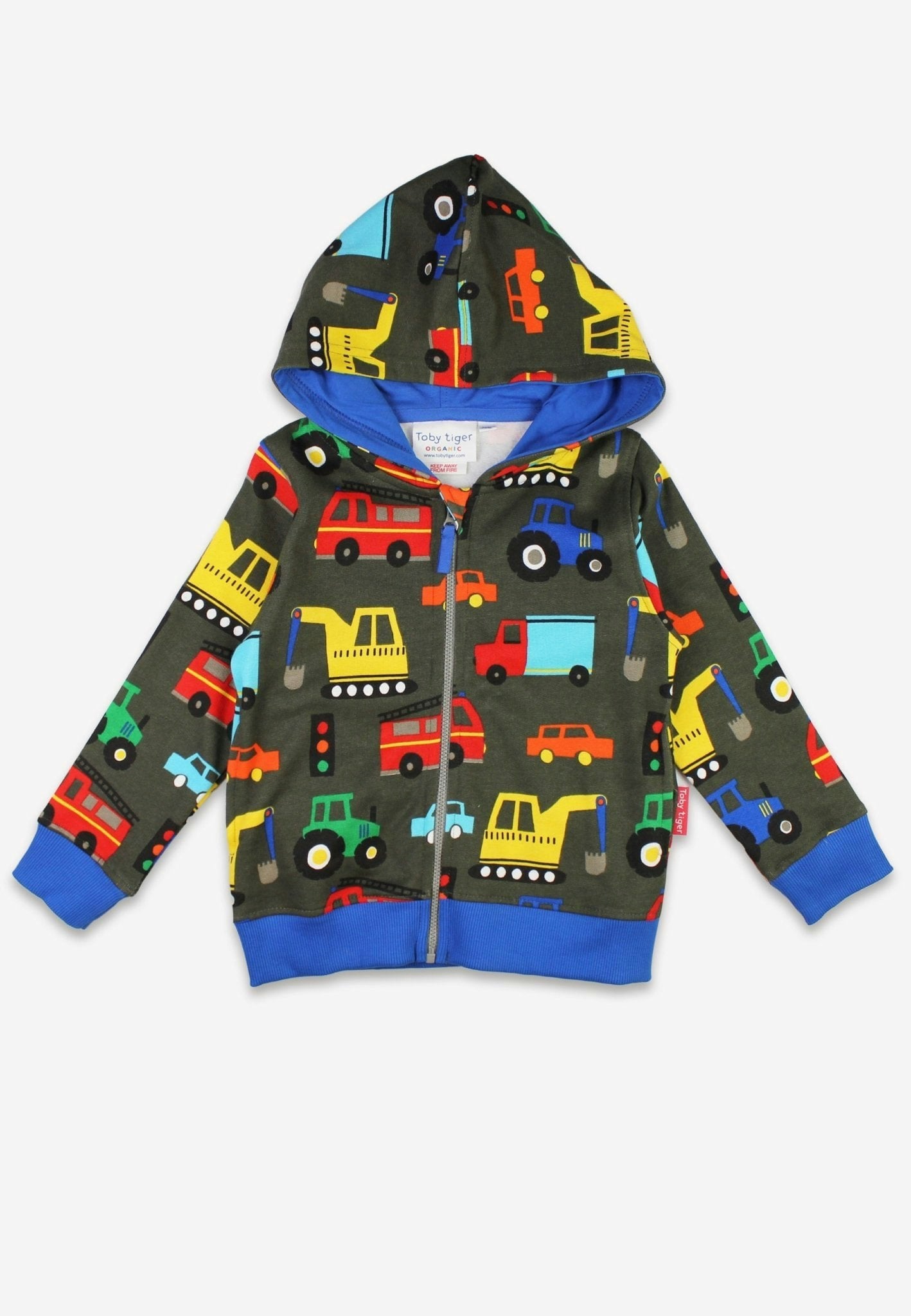 Toby Tiger Dark/Grey/Blue Organic Transport Print Hoodie - 3-4Y / 104Cm