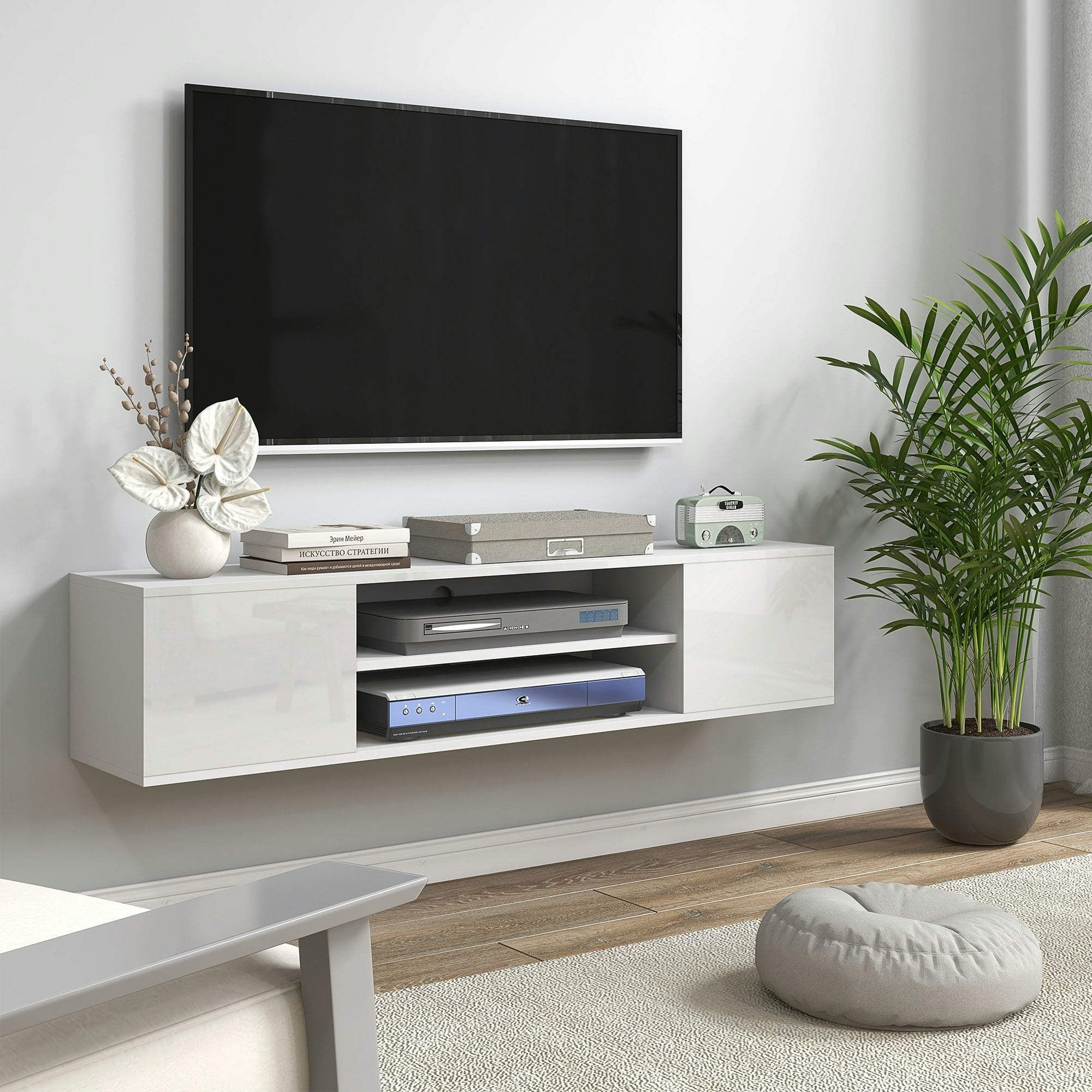 Rackhams Grey/White Floating Tv Unit For 60" Tvs W/ Shelves And Cabinets, - High Gloss