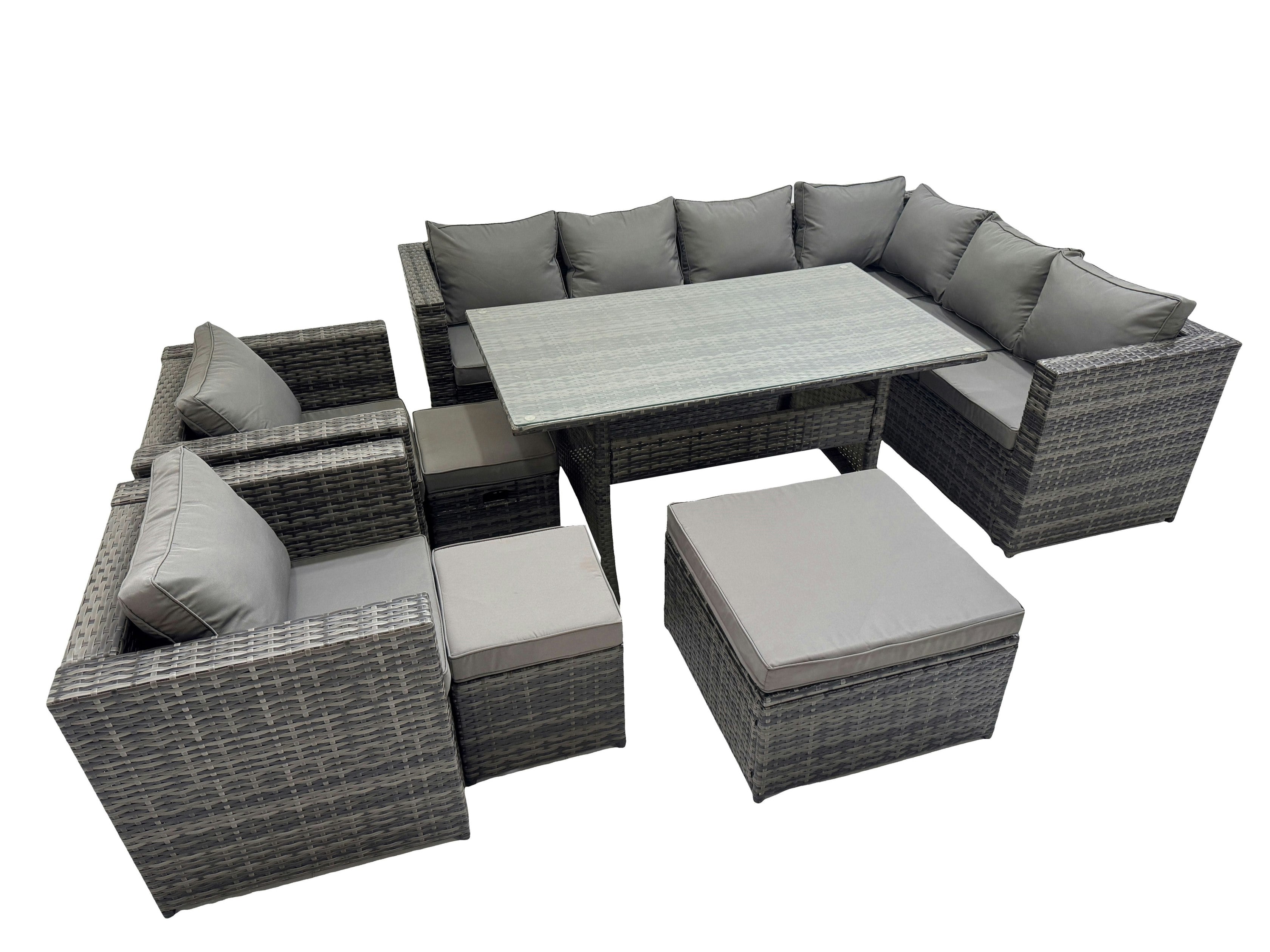 Rackhams Dark/Grey Rattan Garden Furniture Set Outdoor 11 Seater Patio Dining Corner Sofa Sets With Dining Table 2 Chairs 3 Stools Mixed