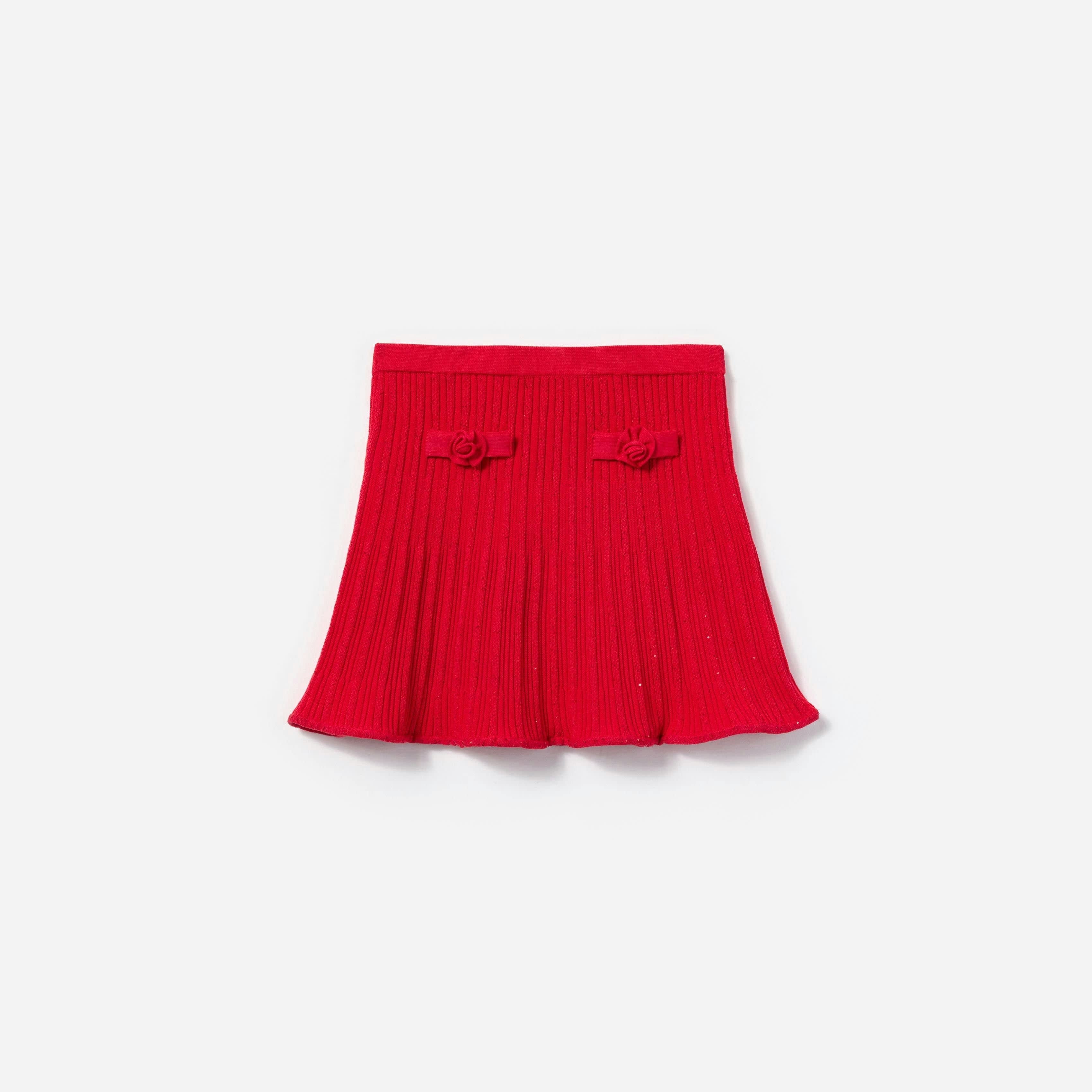 Self Portrait Girls Red Ribbed Knit Skirt In - 3 - 4 Yrs