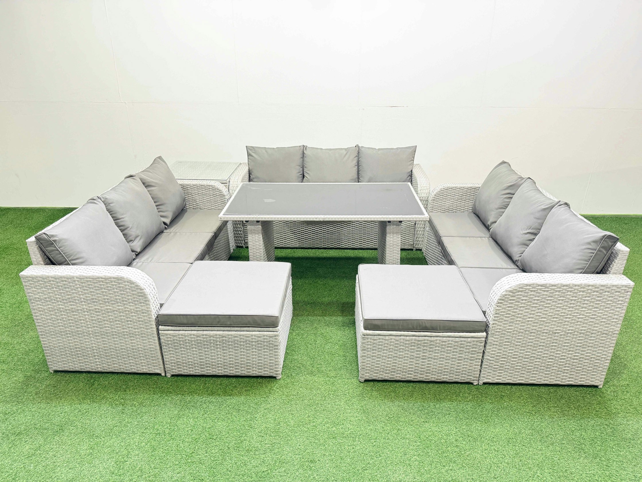 Rackhams Black/Light/Grey Patio Garden Furniture Sets With Glass Top Dining Table 3 Seater Sofa Side Table 2 Big Stool