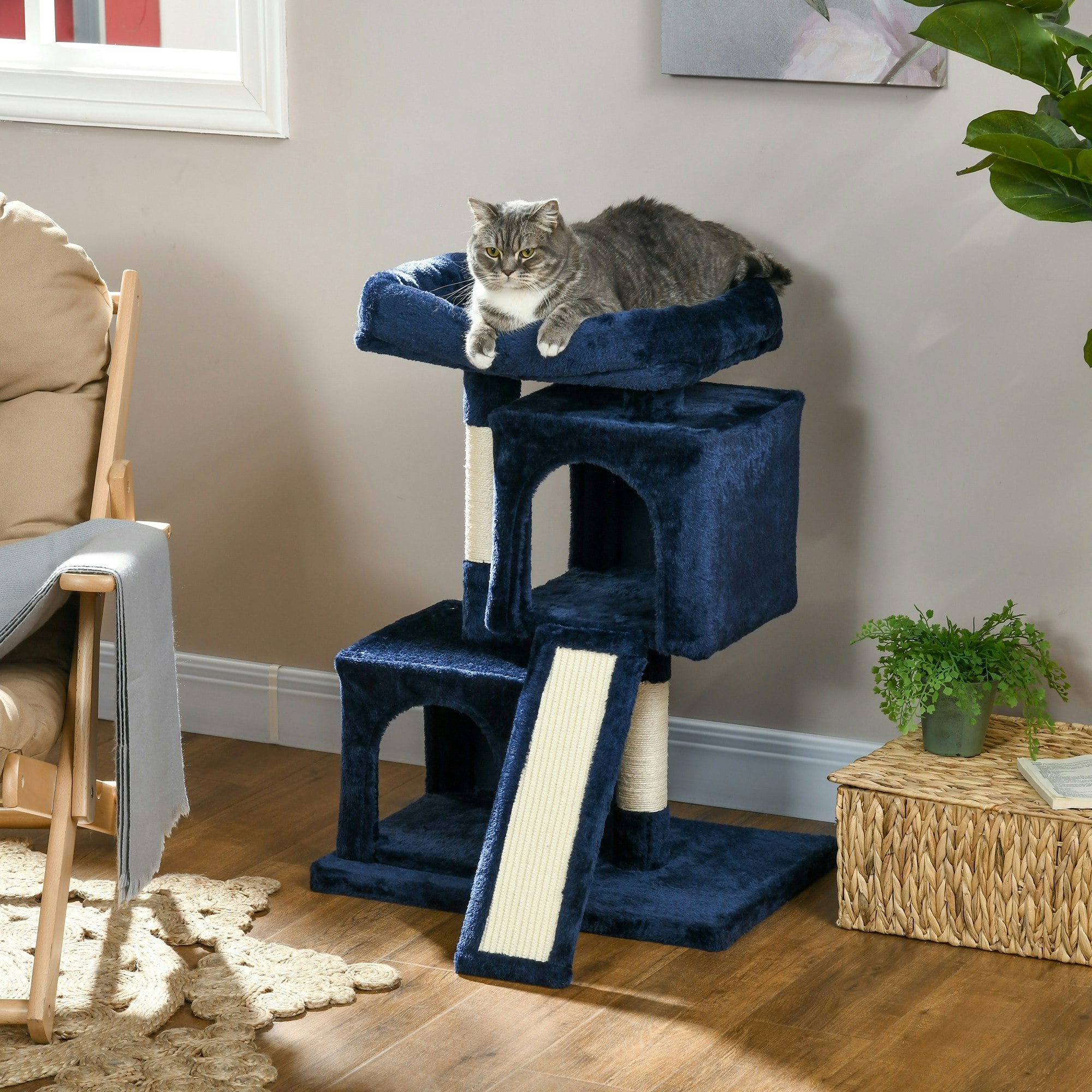 Pawhut Blue Cat Rest & Play Activity Tree W/ 2 House Perch Scratching Post Navy