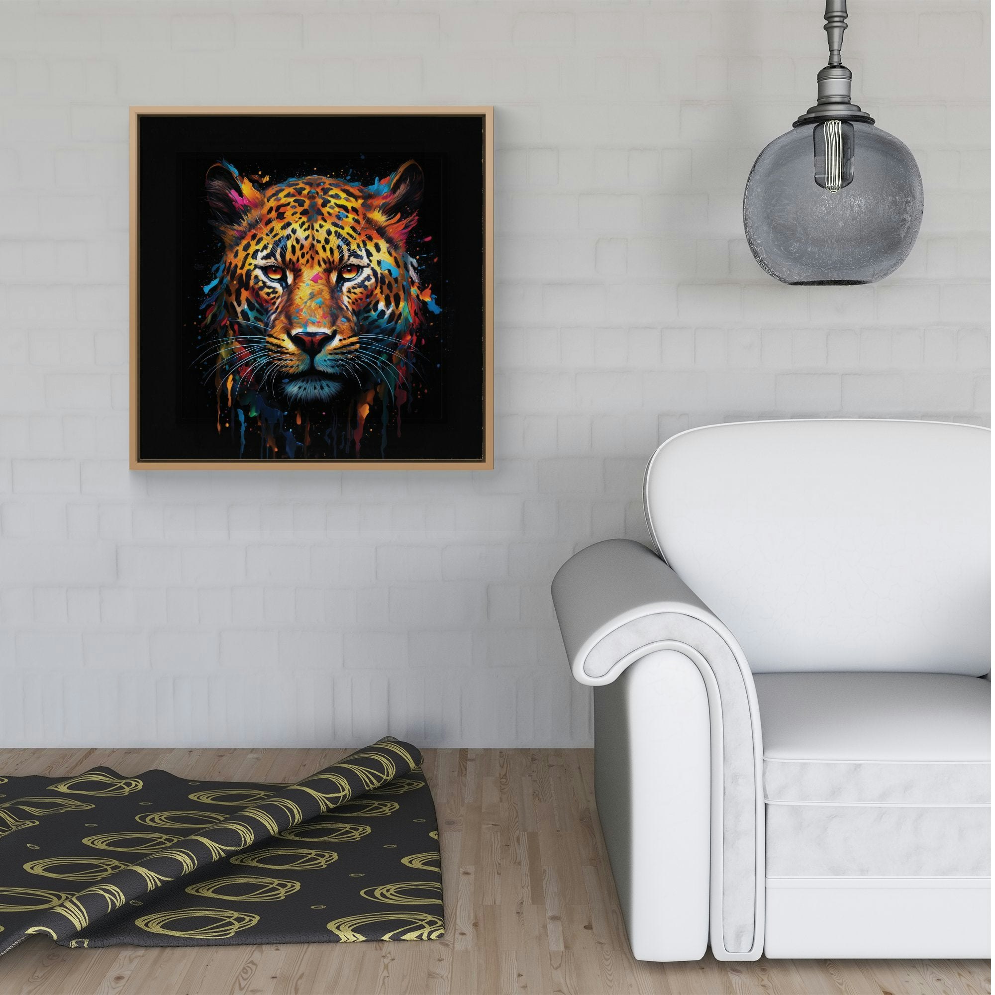 Rackhams Black/White Splash Art Leopard Face Framed Canvas - 16" X 16" - Pine
