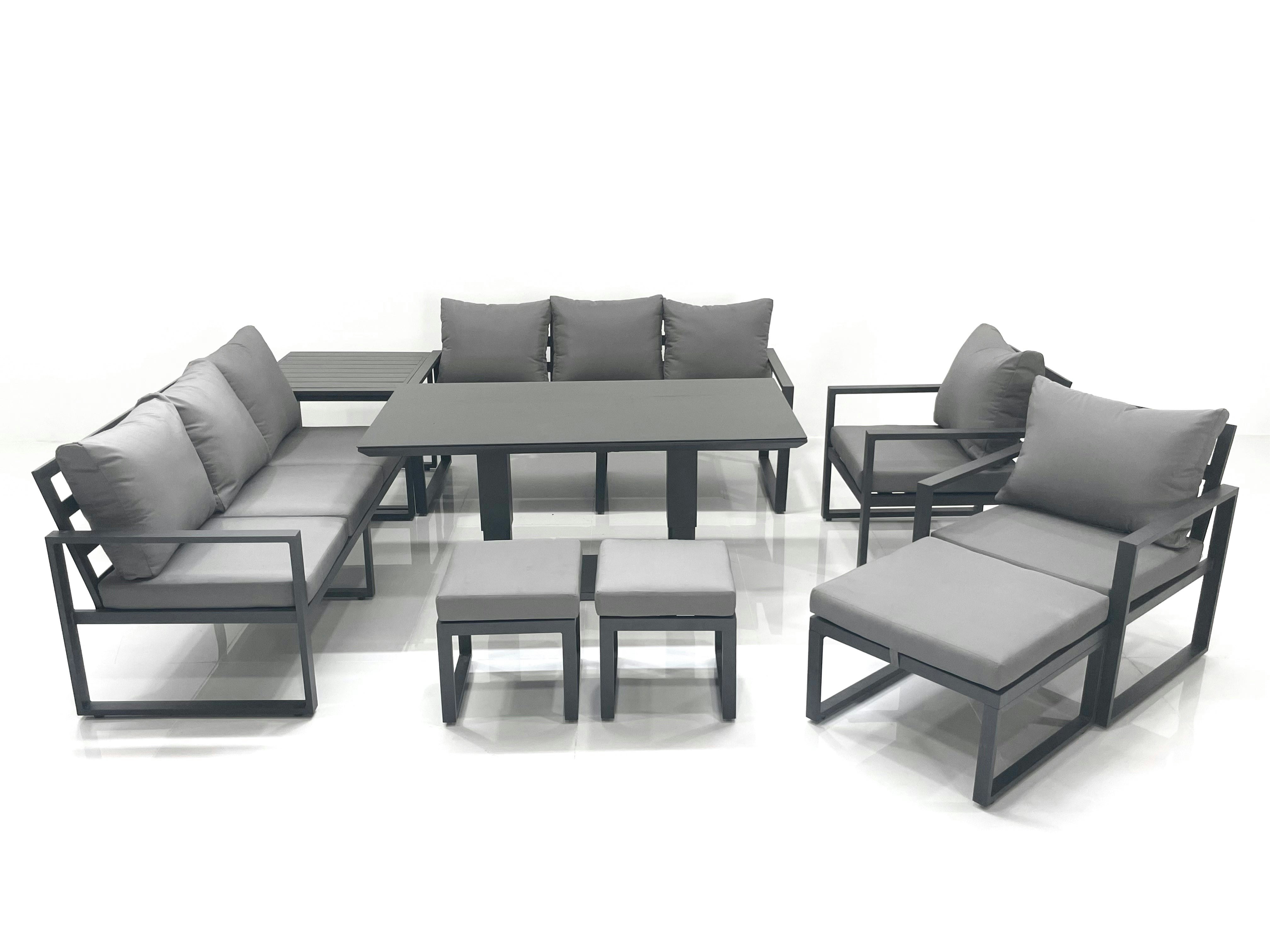 Rackhams Dark/Grey Garden Sofa Set Aluminium Furniture Rising Dining Tabe Set With 2 Chair 3 Footstools Side Table
