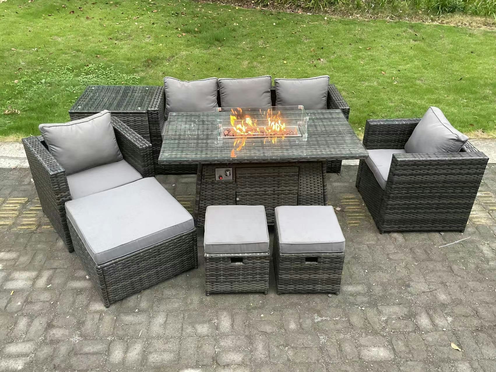 Fimous Dark/Grey 8-Seater Wicker Pe Rattan Garden Fire Pit Dining Set | Gas Heater, 2 Armchairs, Side Tables, Footstools |
