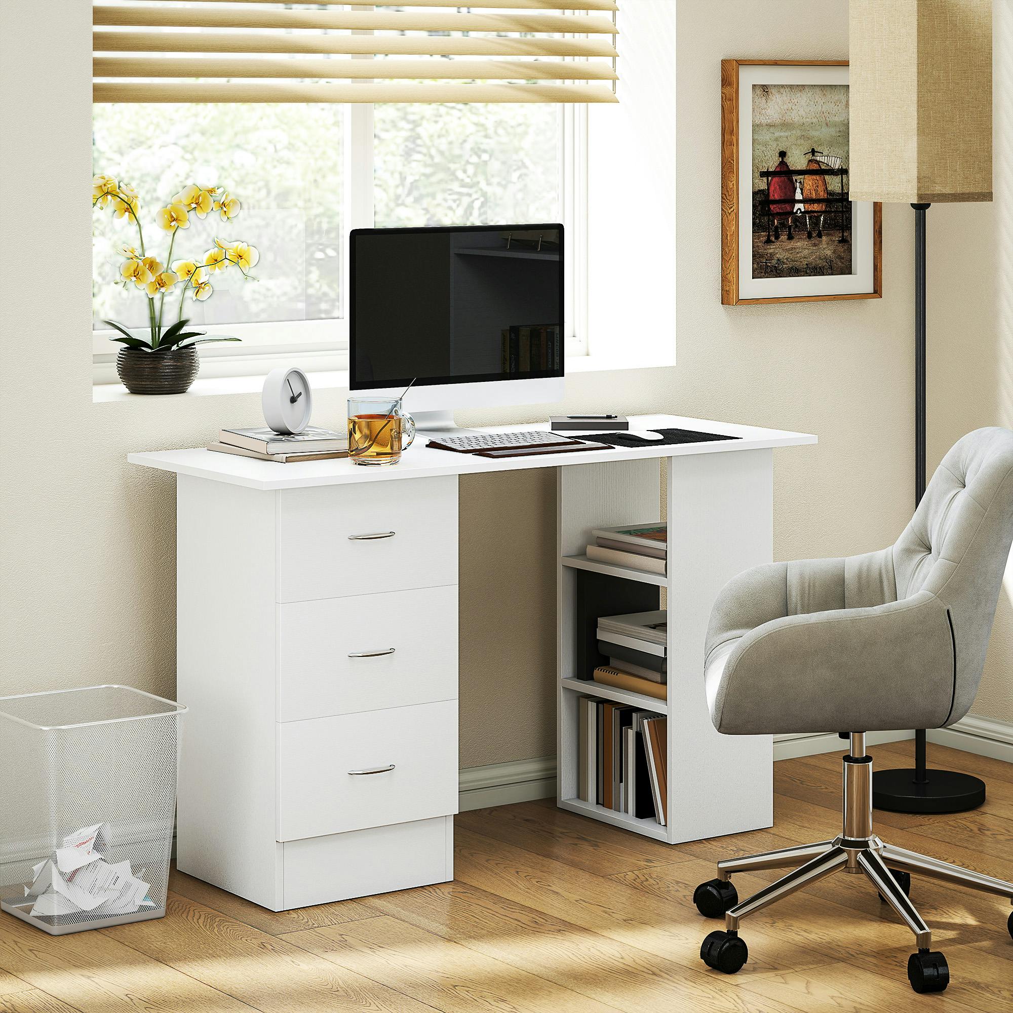 Rackhams White 120Cm Computer Desk Writing Pc Table Workstation Laptop W/ 3 Shelf & Drawers - 49 - Particle Board
