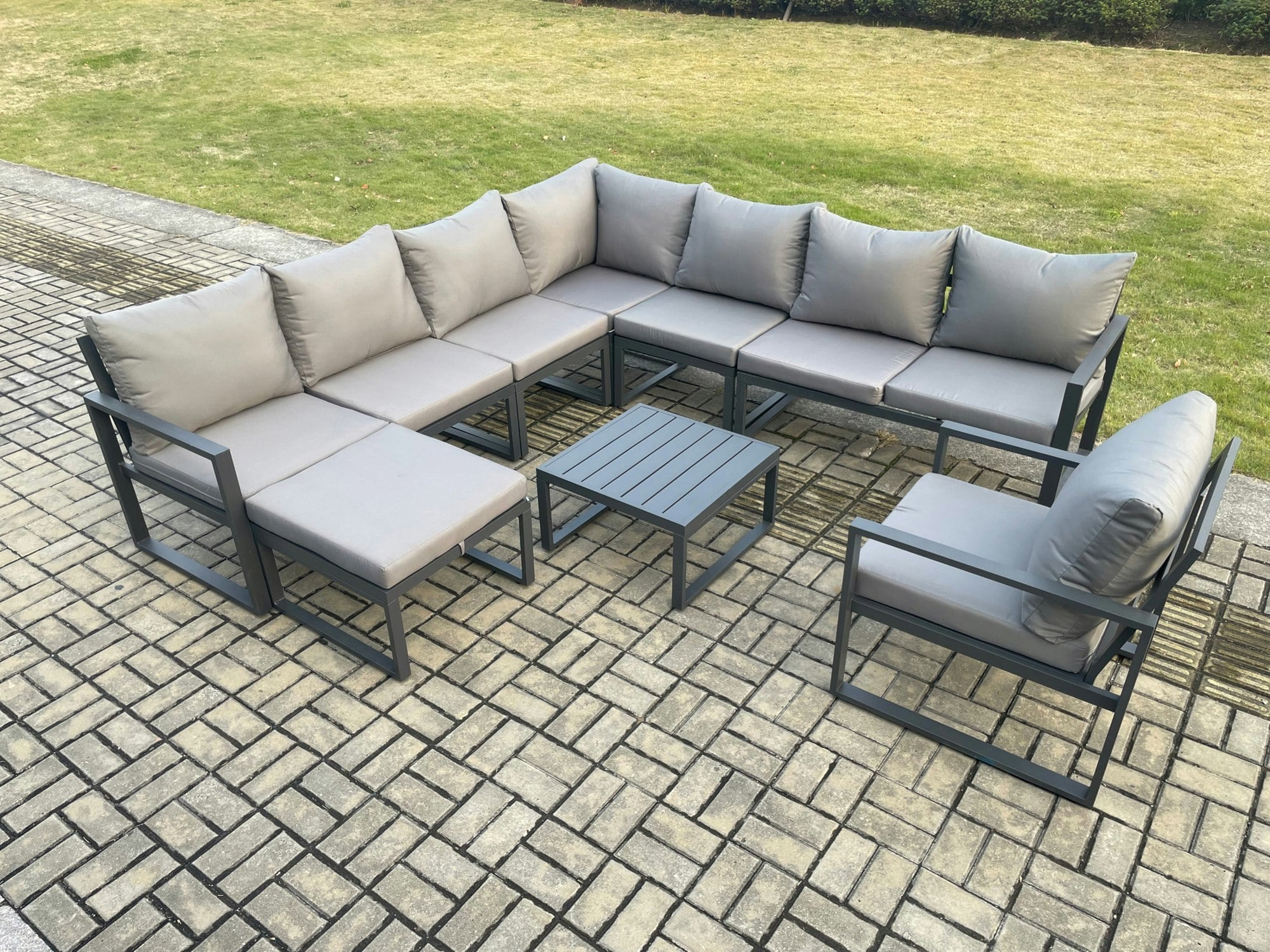 Rackhams Dark/Grey Outdoor Garden Furniture Patio Lounge Corner Sofa Aluminium Set With Square Coffee Table Big Footstool Chair