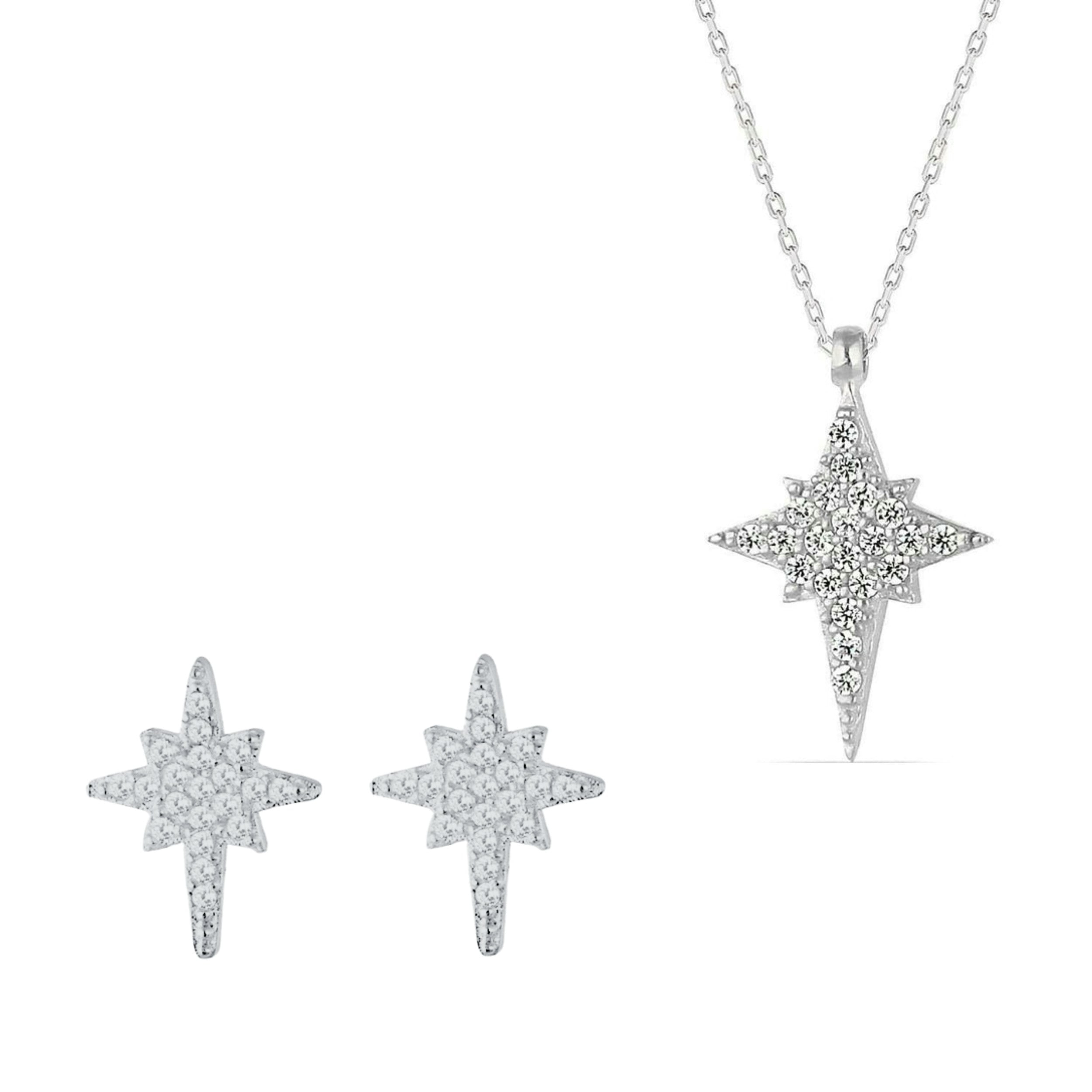 Spero London Silver Northern Star Polaris Sterling Necklace And Stud Earring Set