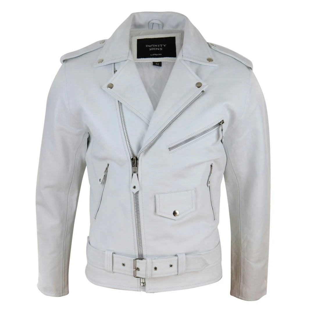 Infinity Leather Men's White Leather Company Leather Biker Jacket Cross Zip Brando Hide Grease Classic - 3XL
