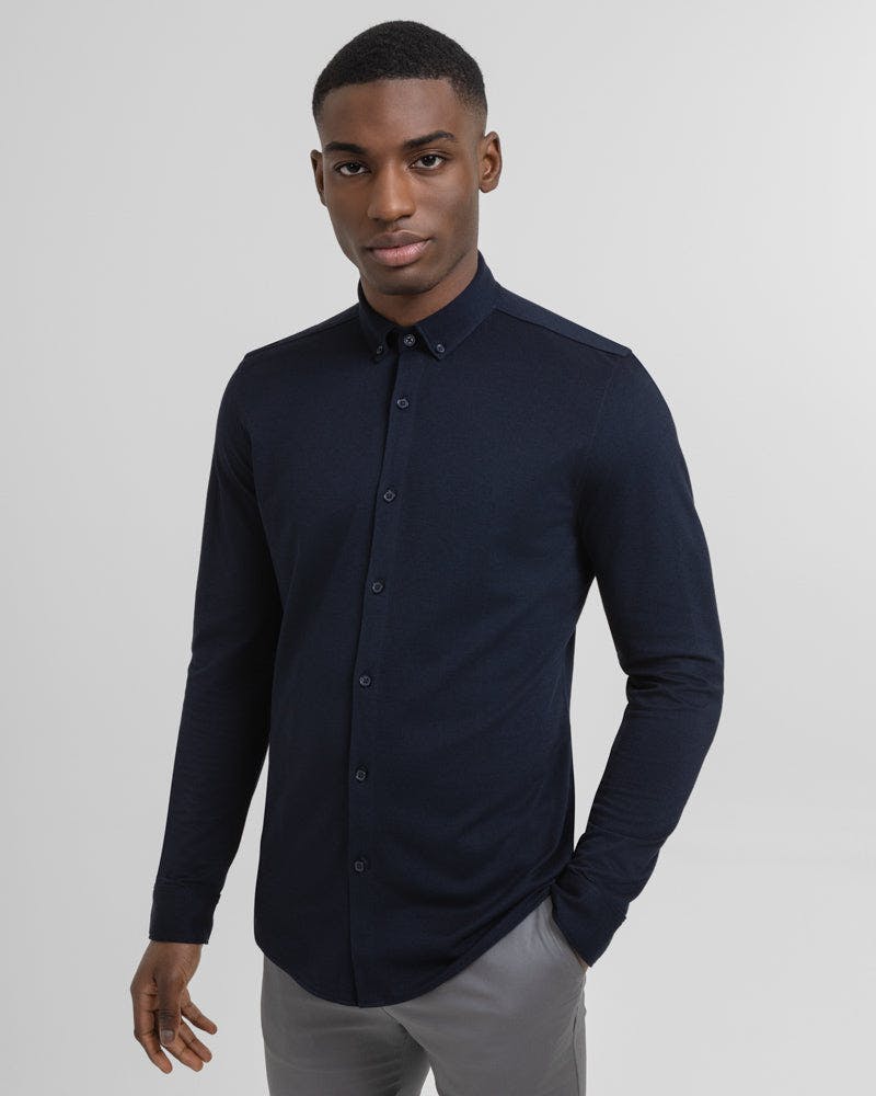 Steel & Jelly Pique Jersey Long Sleeve Shirt - Navy - M