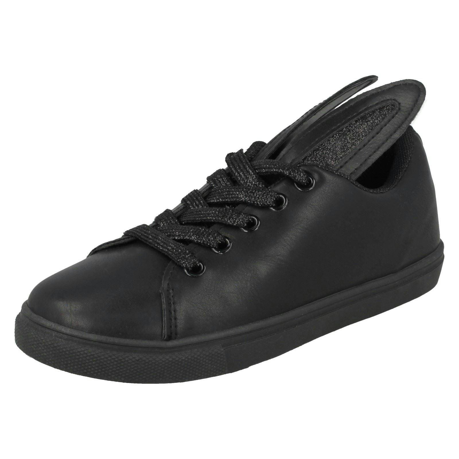 Spot On Girls Black Lace Up Bunny Ear Pumps - Uk 11 Child