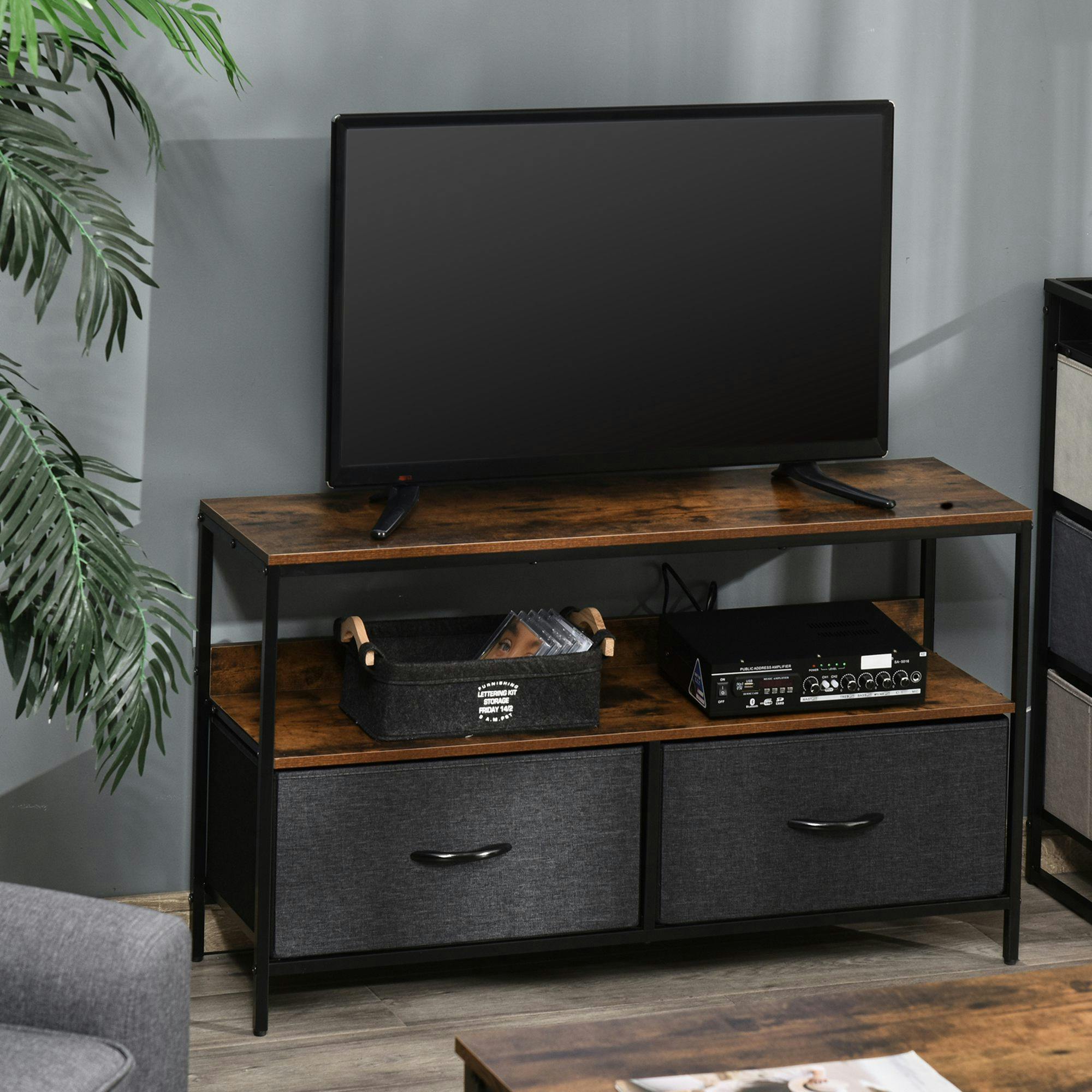 TV Cabinet Entertainment Unit with 2 Fabric Drawers Rustic Brown 47 Inch Stand - Image 7
