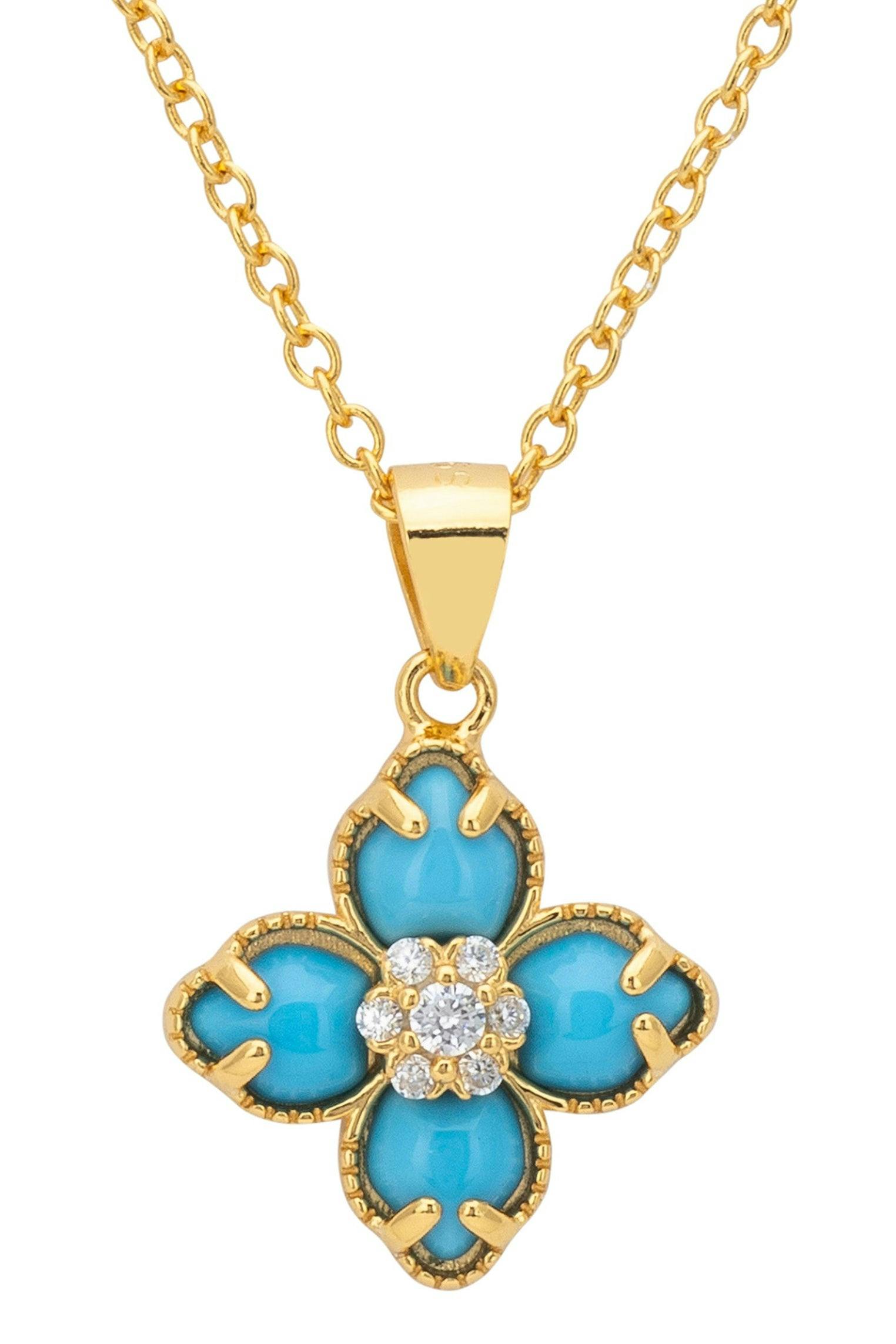 Latelita Turquoise/Gold Flower Clover Pendant Necklace
