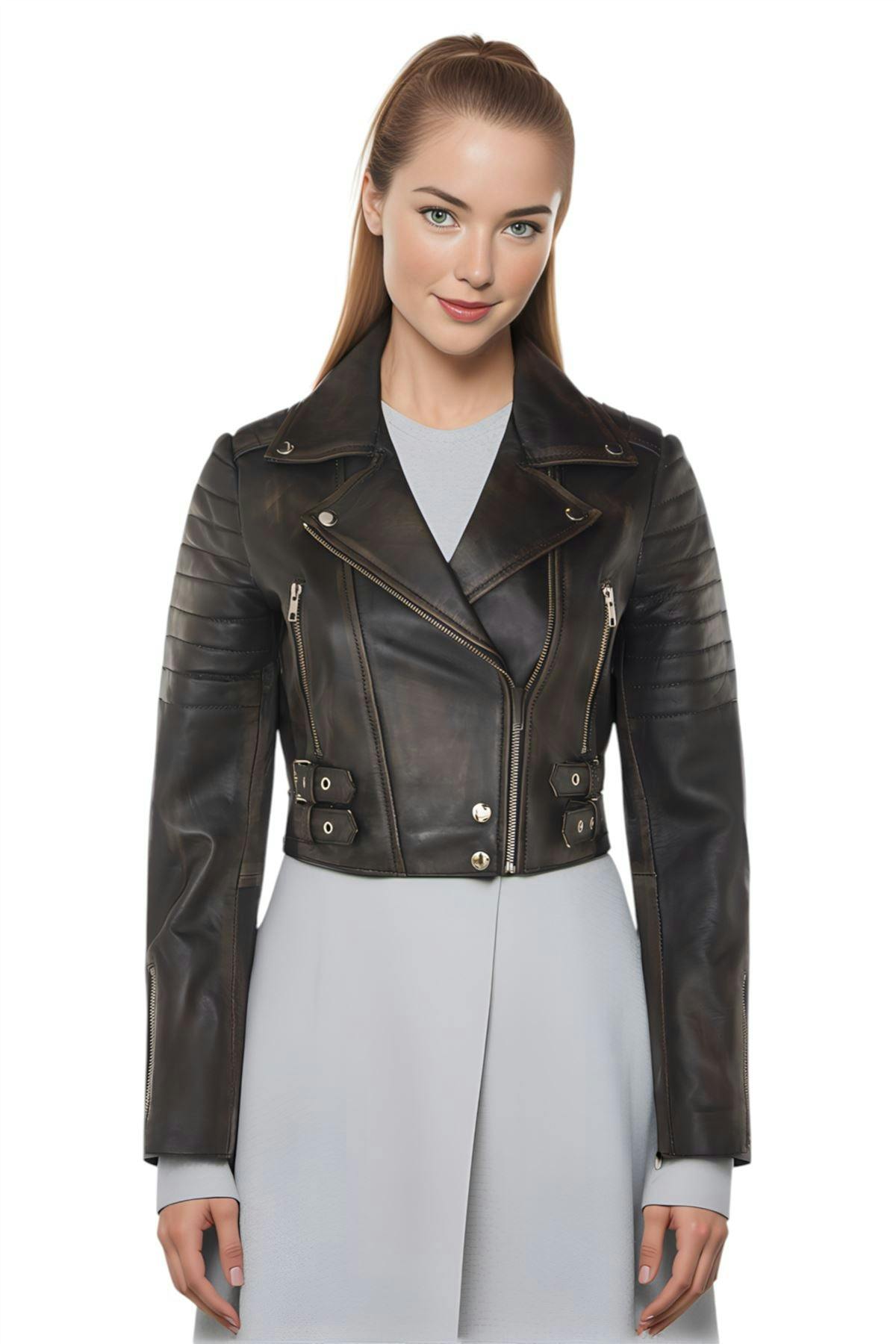 Infinity Leather Women's Black Cropped Brando Leather Biker Jacket-Damascus - Vintage - Uk L/14 | Eu 40 | Us 10