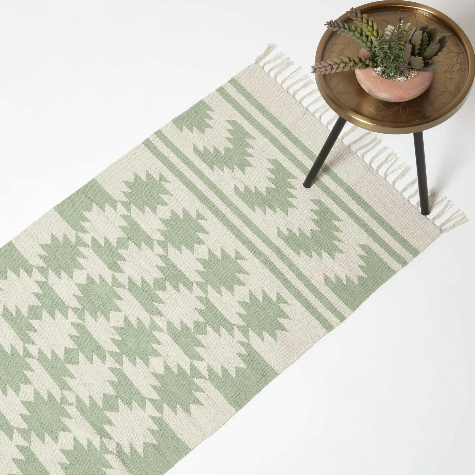 Rackhams Green Turin & Natural Kilim Cotton Rug - 66 X 200 Cm
