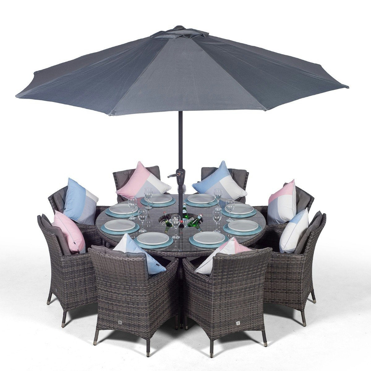 Giardino Grey Savannah Round 8 Seater Rattan Patio Dining Set With Ice Bucket Drinks Cooler - 1