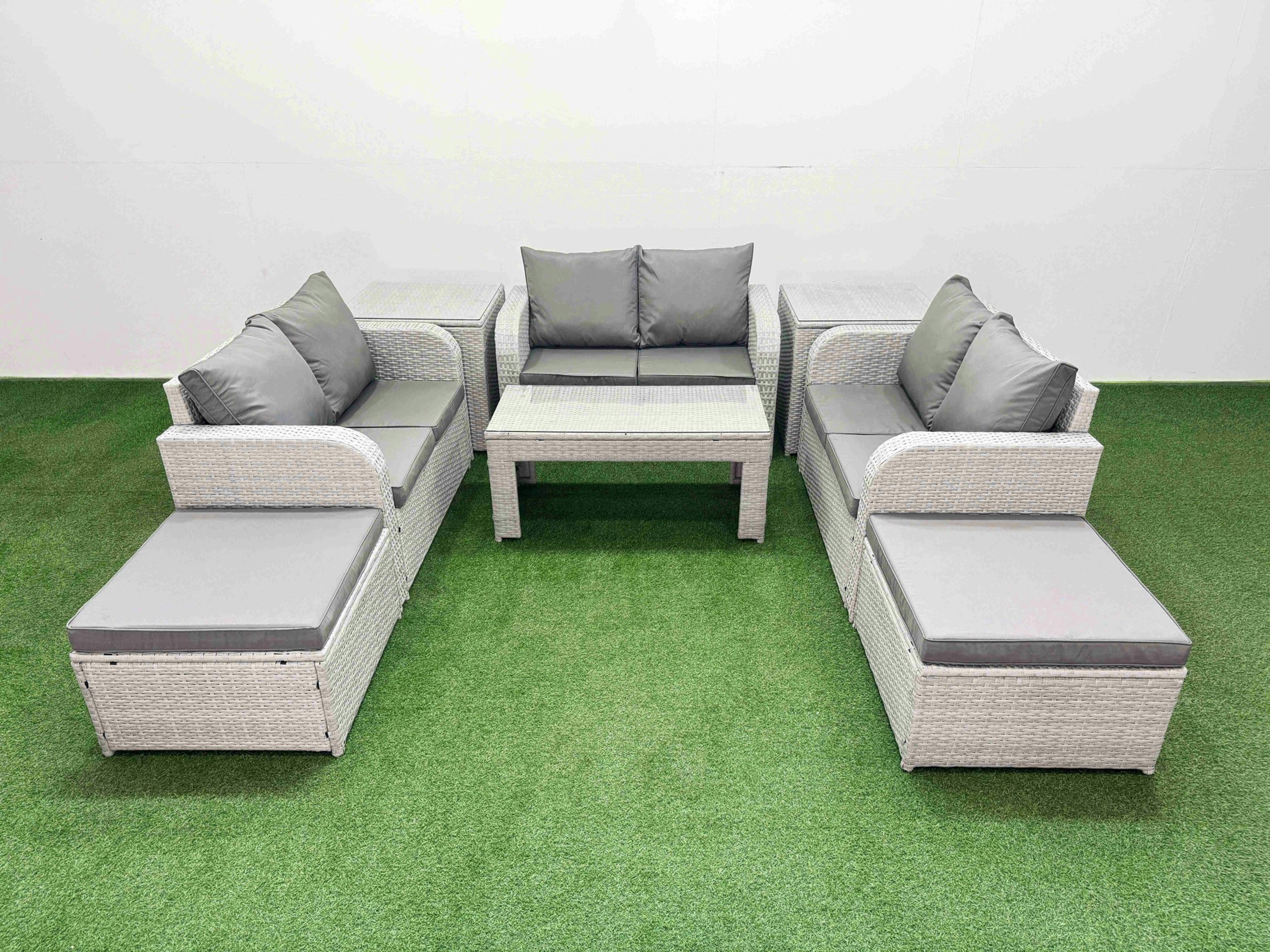 Rackhams Light/Grey 8 Seater Pe Wicker Rattan Furniture Sofa Sets With Oblong Coffee Table 2 Seater Love Sofa 2 Big Footstool 2 Side Table